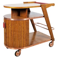 1950´s Small Bar Cart with Sliding Doors, Oak, Copper and Moleskin, France