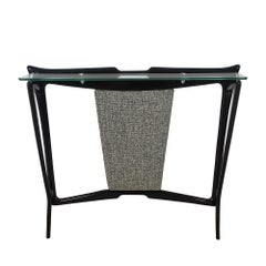 1950´S Small Console, Solid Stained Beech, Glass, Fabric, Italy