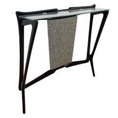 1950´S Small Console, Solid Stained Beech, Glass, Fabric, Italy