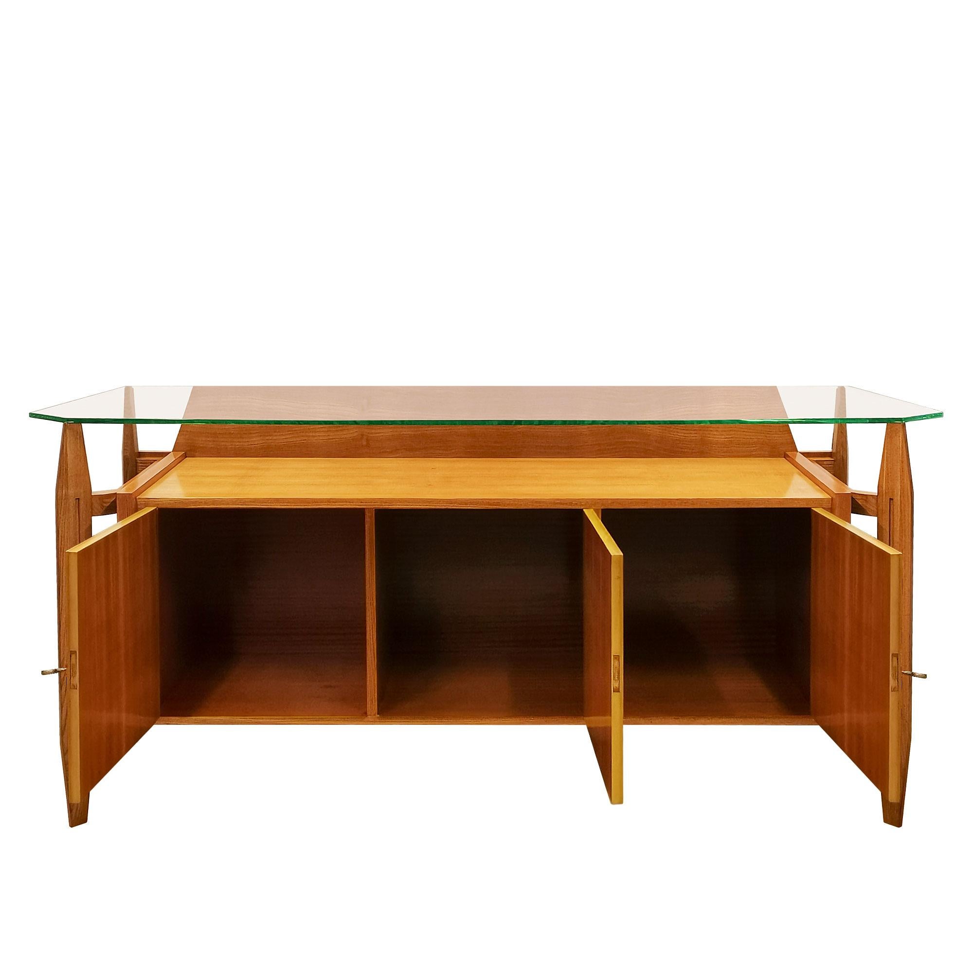 Mid-20th Century Mid-Century Modern Three-Door Sideboard in Ash Wood and Glass on Top - Italy For Sale