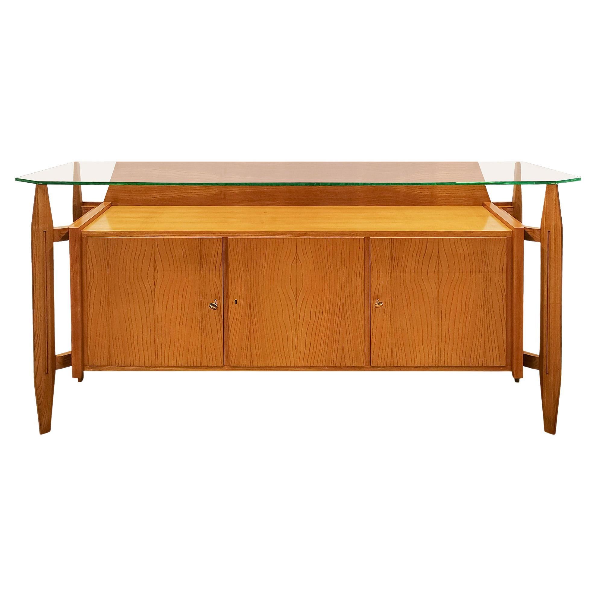 Mid-Century Modern Three-Door Sideboard in Ash Wood and Glass on Top - Italy For Sale