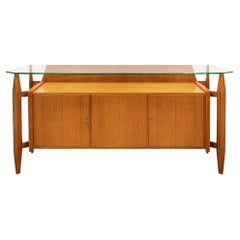 Vintage Mid-Century Modern Three-Door Sideboard in Ash Wood and Glass on Top - Italy