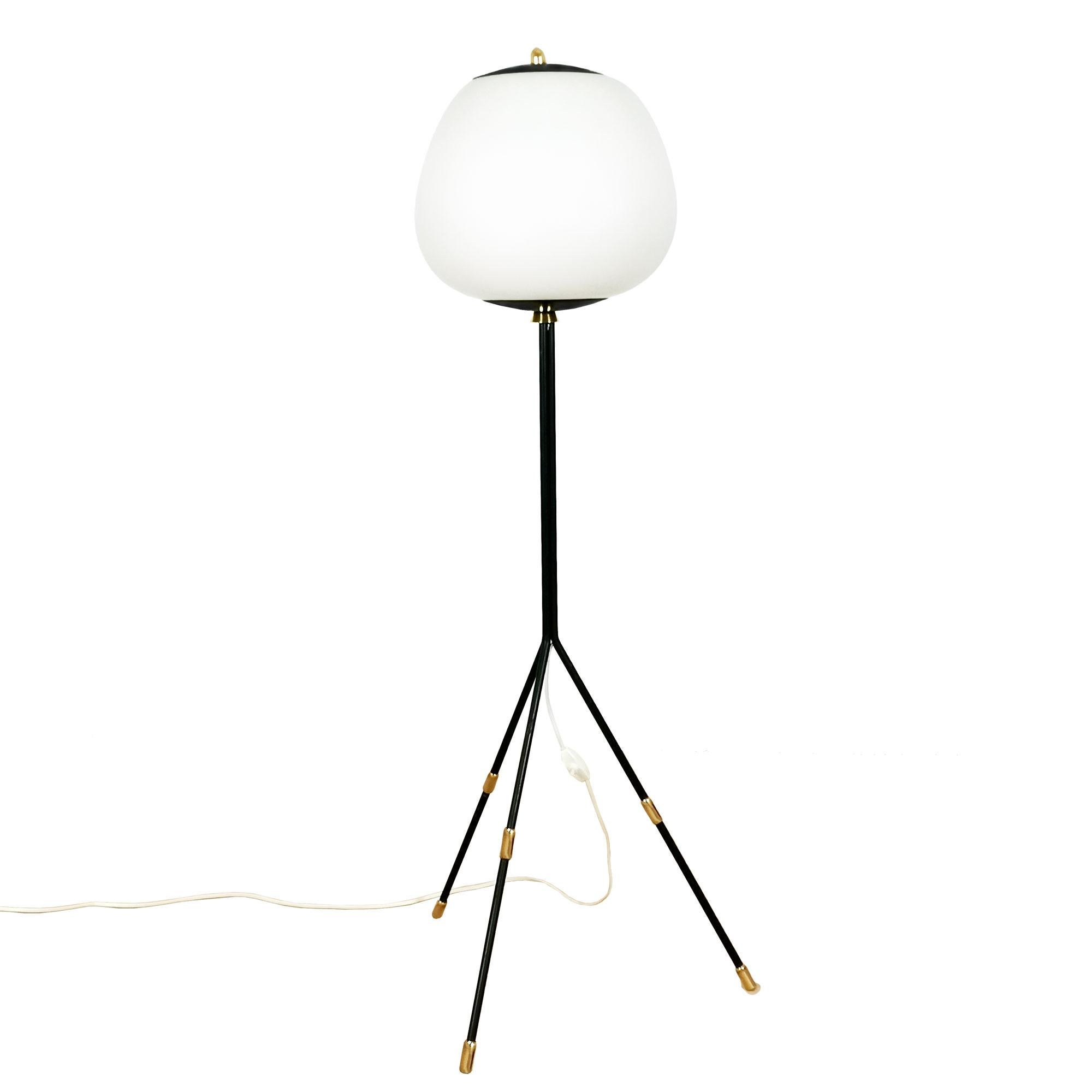 Italian Mid-Century Modern Tripod Standing Lamp in Steel, Brass and Opaline Glass -Italy For Sale