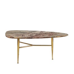 1950s Tripod Trussed Coffee Table, Polished Brass, Multicolored Marble, Italy