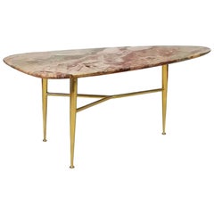 1950s Tripod Trussed Coffee Table, Polished Brass, Multicolored Marble, Italy