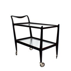 1950s Two Levels Bar Cart by Ico Parisi, Stained Beech, Glass, Wheels, Italy