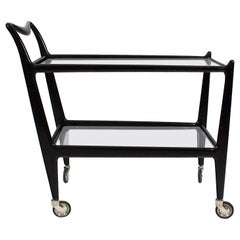 1950s Two Levels Bar Cart by Ico Parisi, Stained Beech, Glass, Wheels, Italy