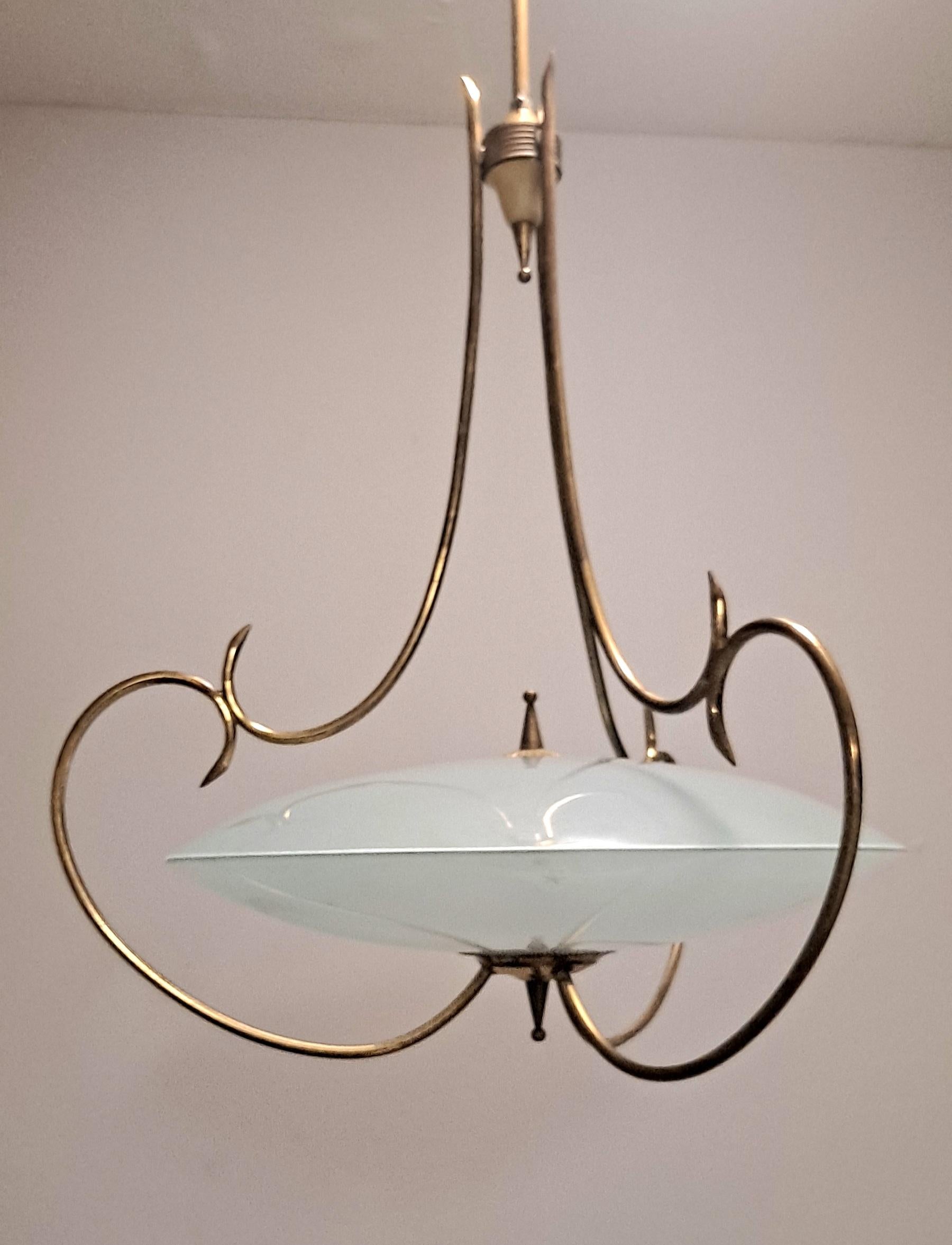 Mid-Century Modern 1950 s Venation  Saucer Shaped Chandelier in the style of Fontana  Arte  For Sale
