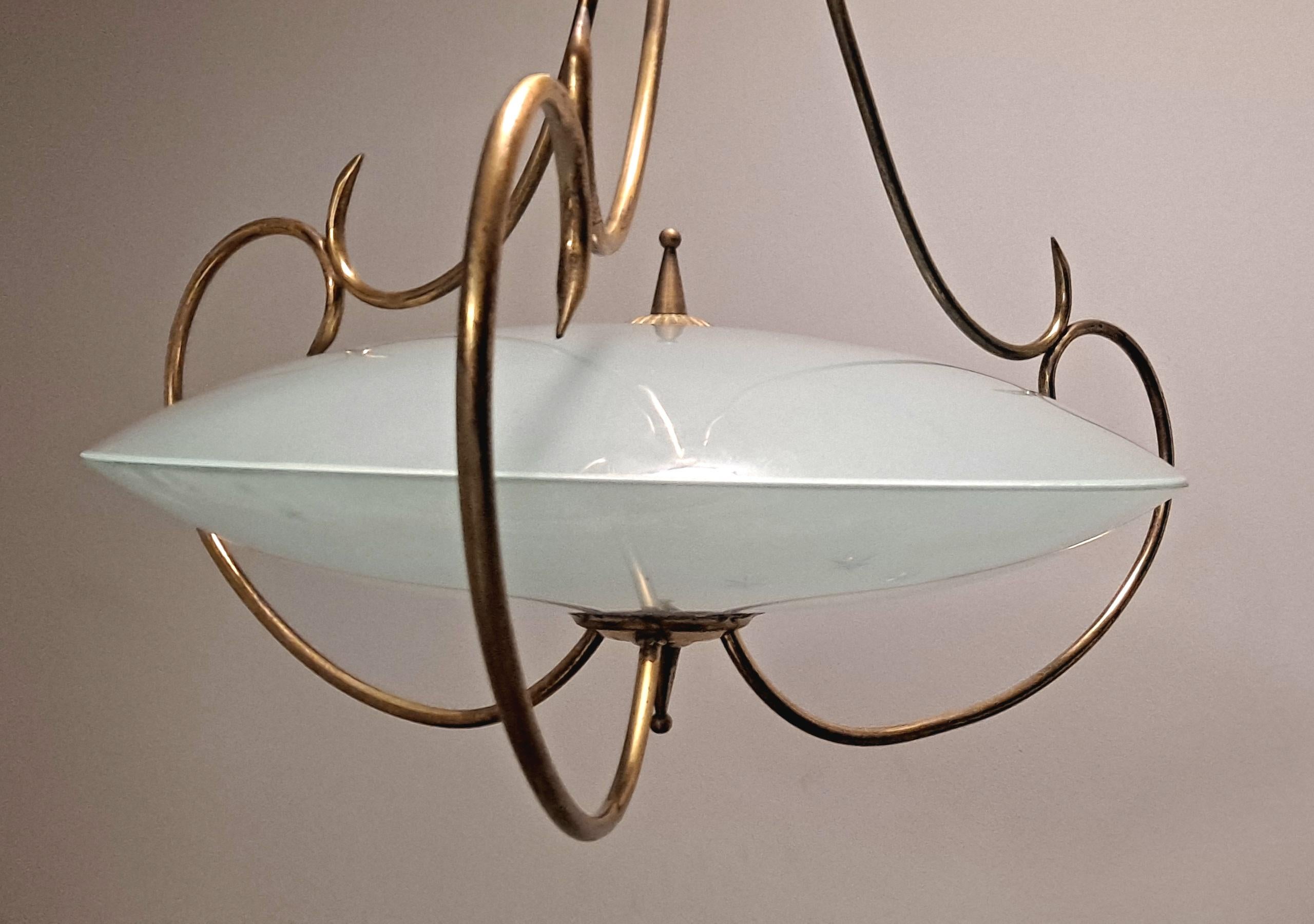 1950 s Venation  Saucer Shaped Chandelier in the style of Fontana  Arte  In Good Condition For Sale In Los Angeles, CA