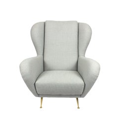 1950s Wing Armchair by i.S.a., Polyester Fabric, Brass, Italy