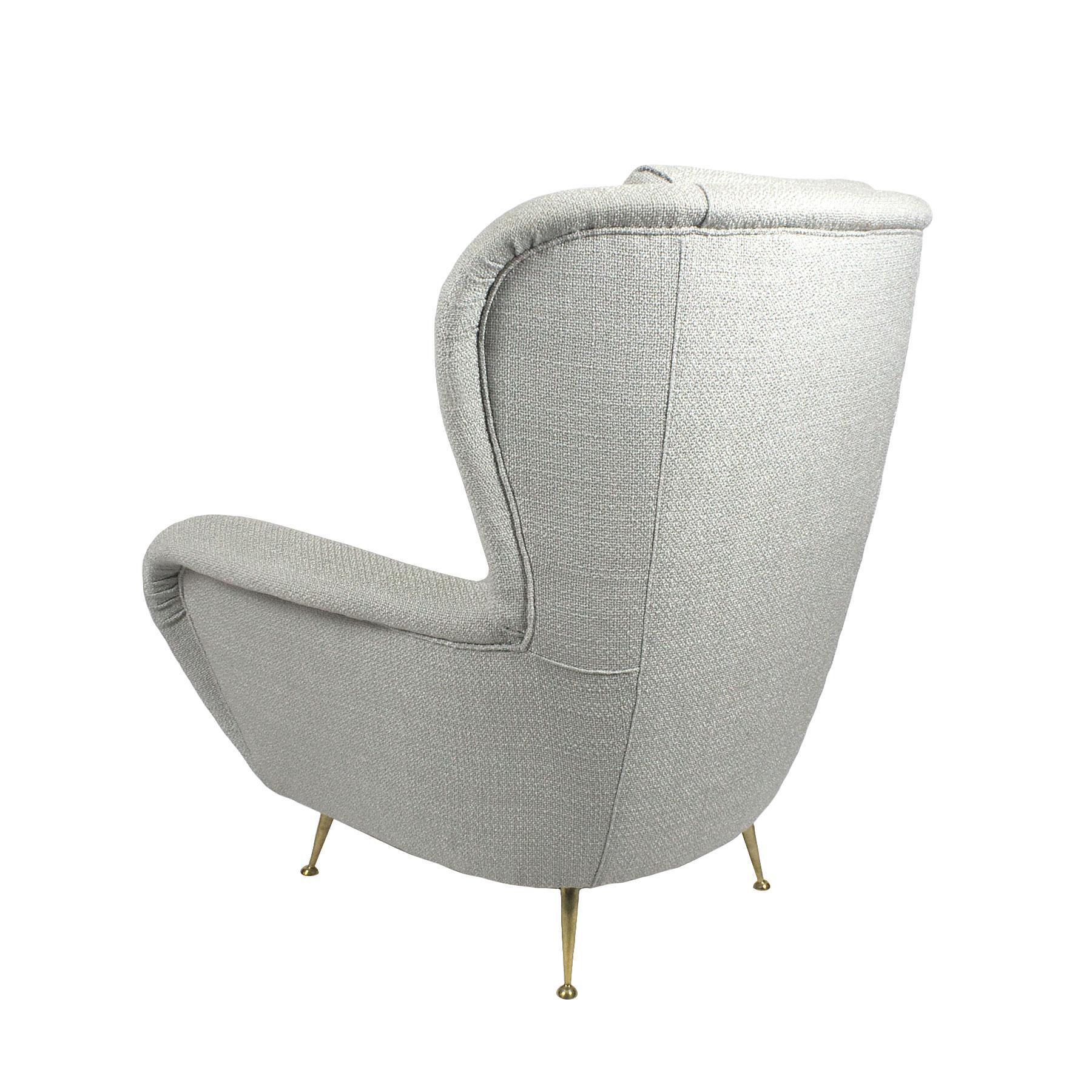 Mid-Century Modern 1950s Wing Armchair by i.S.a., Polyester Fabric, Brass, Italy