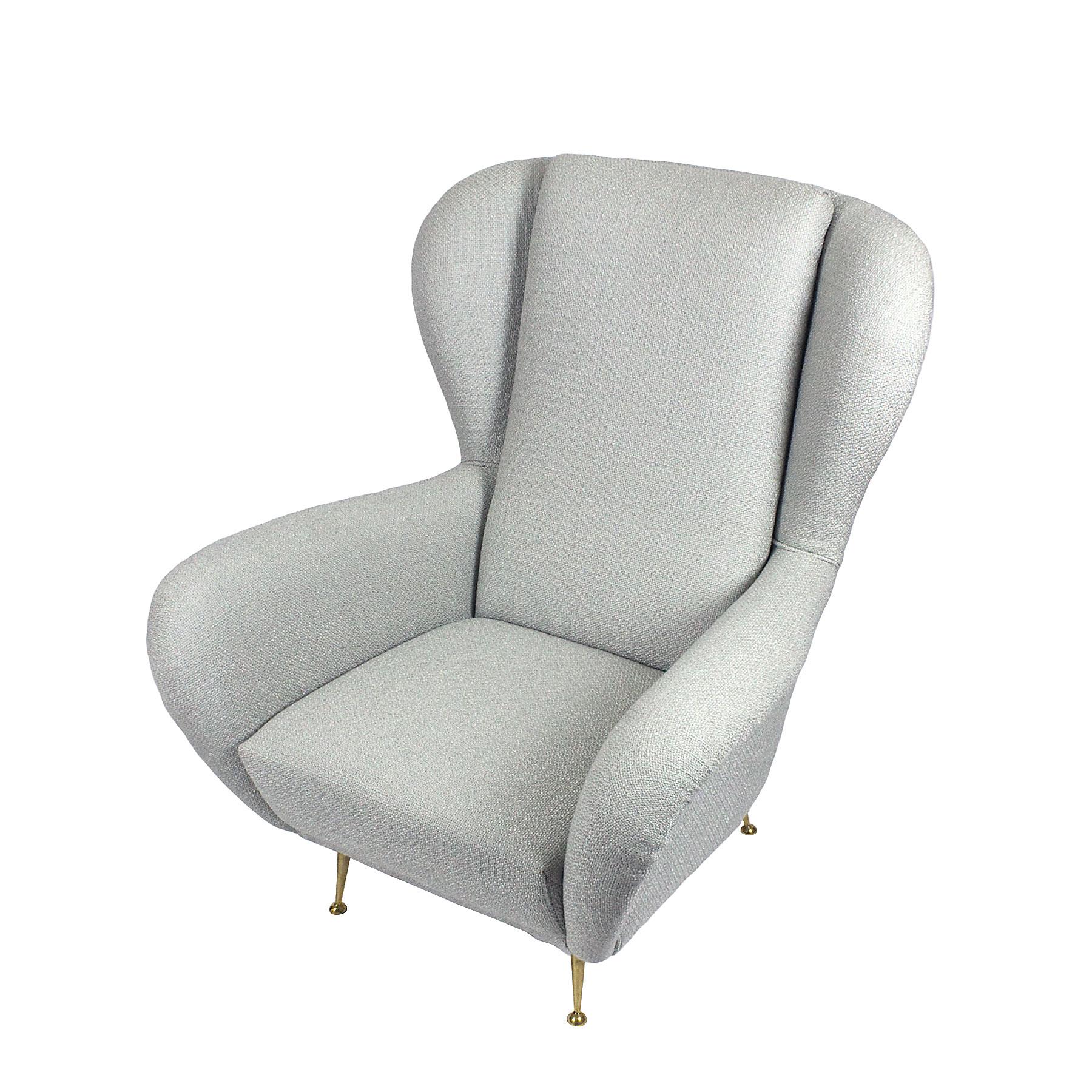 Italian 1950s Wing Armchair by i.S.a., Polyester Fabric, Brass, Italy
