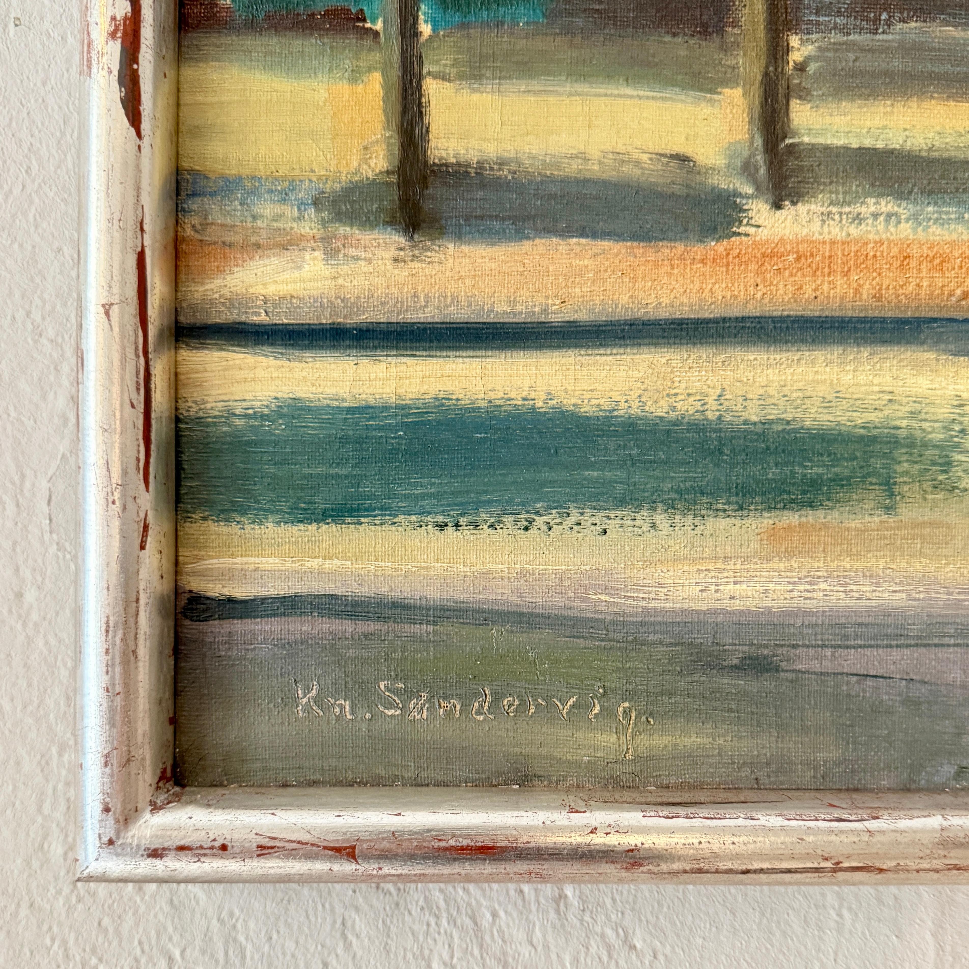 Danois 1950 Peinture à l'huile scandinave post-impressionniste d'un paysage de village en vente