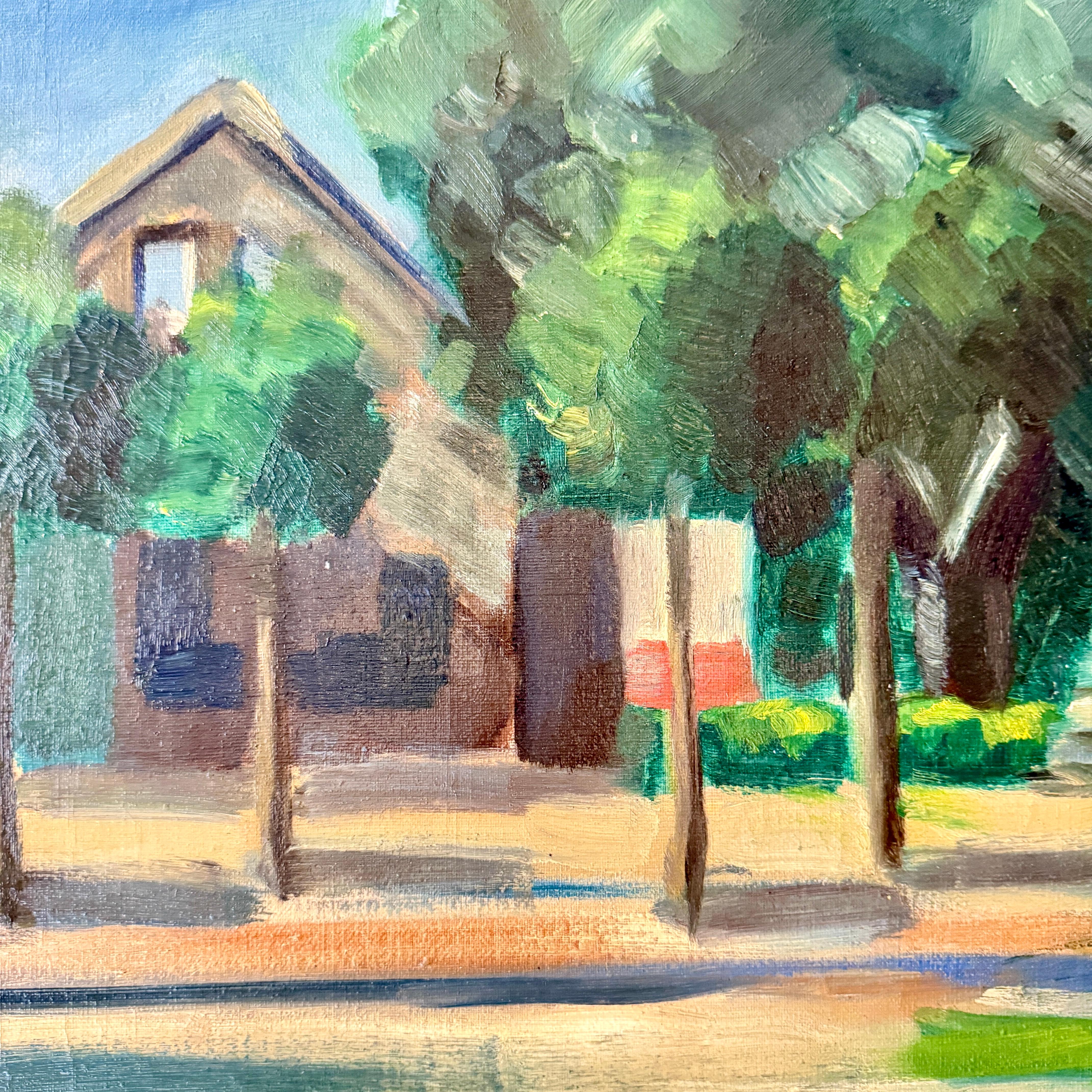 1950 Peinture à l'huile scandinave post-impressionniste d'un paysage de village Bon état - En vente à Berlin, DE