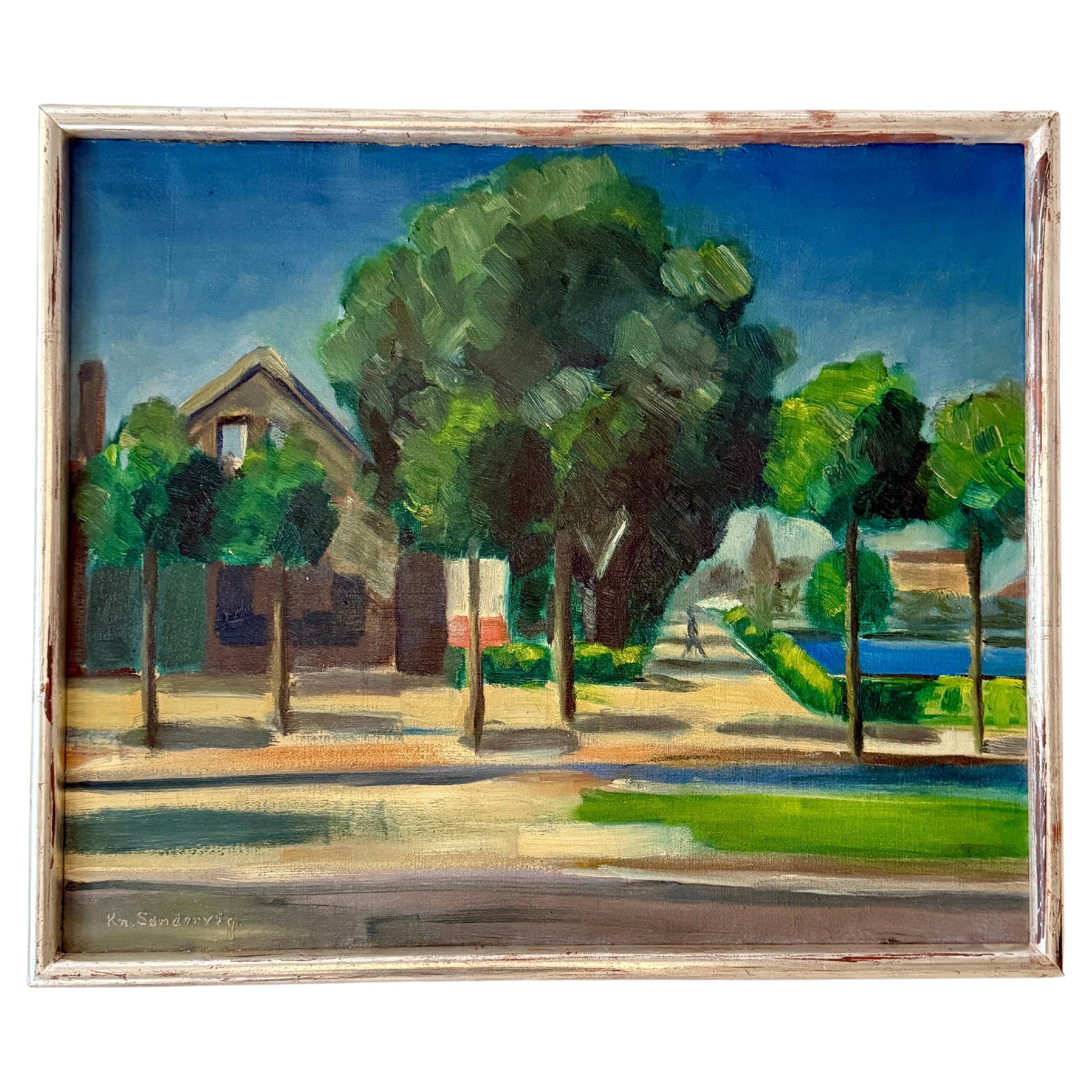 1950 Peinture à l'huile scandinave post-impressionniste d'un paysage de village en vente