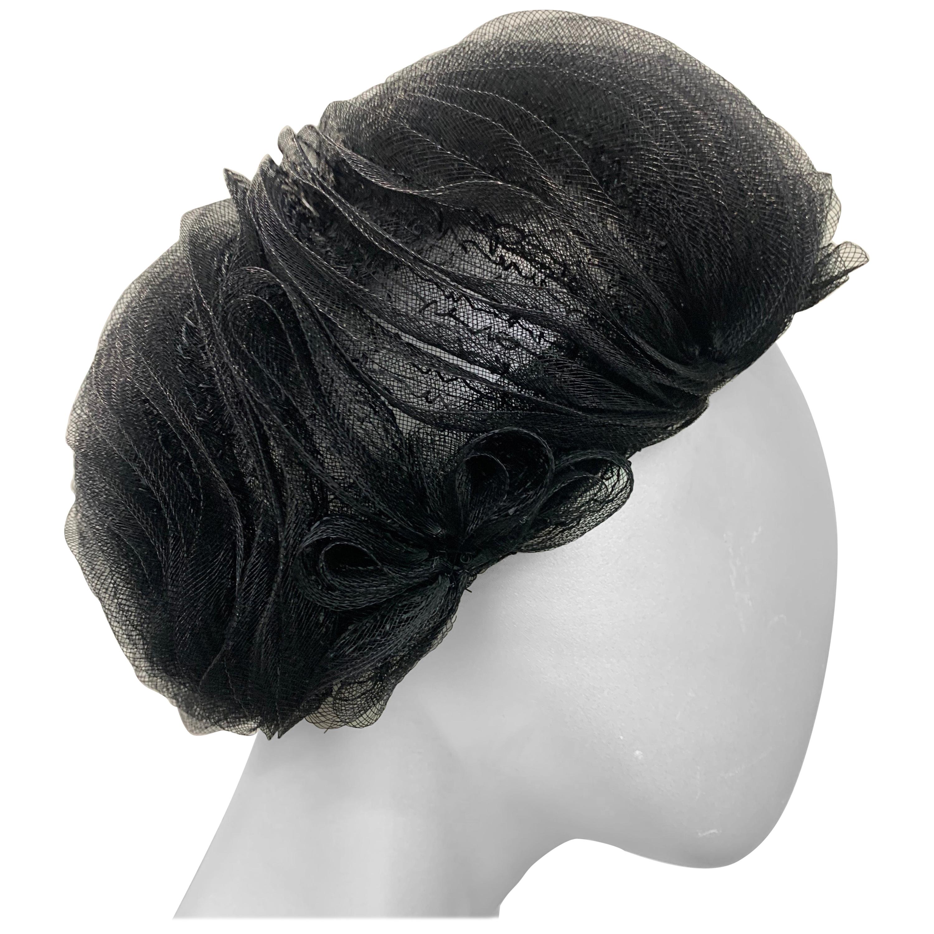 1950 Schiaparelli Black Horsehair Braided Dome Hat W/Bows For Sale