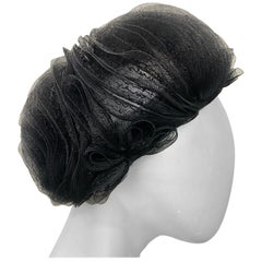 Retro 1950 Schiaparelli Black Horsehair Braided Dome Hat W/Bows