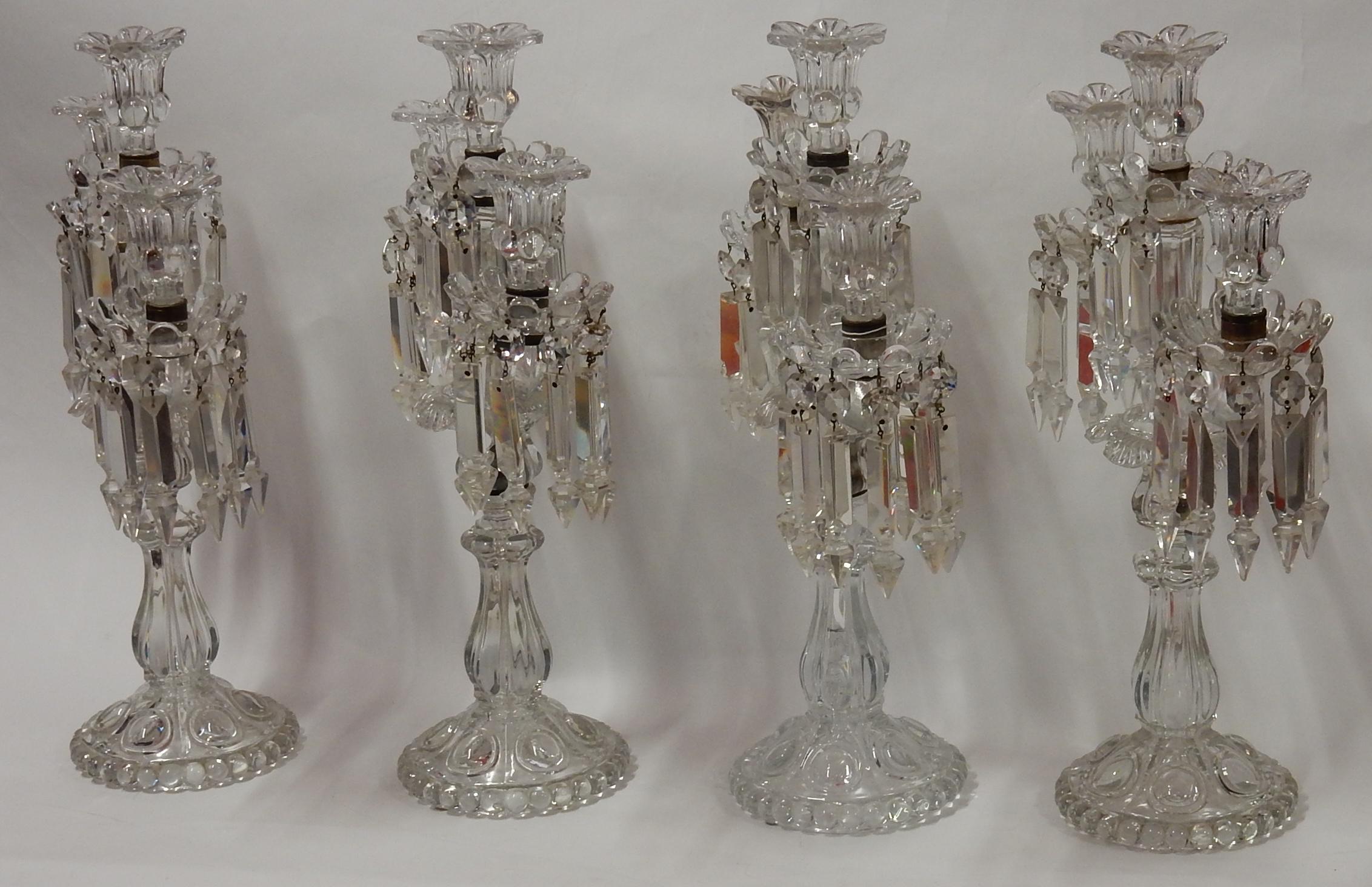 Crystal 1950 Serie 4 Candlesticks Baccarat Signed with 2 Arms Pearl Socks, Cut Prims For Sale