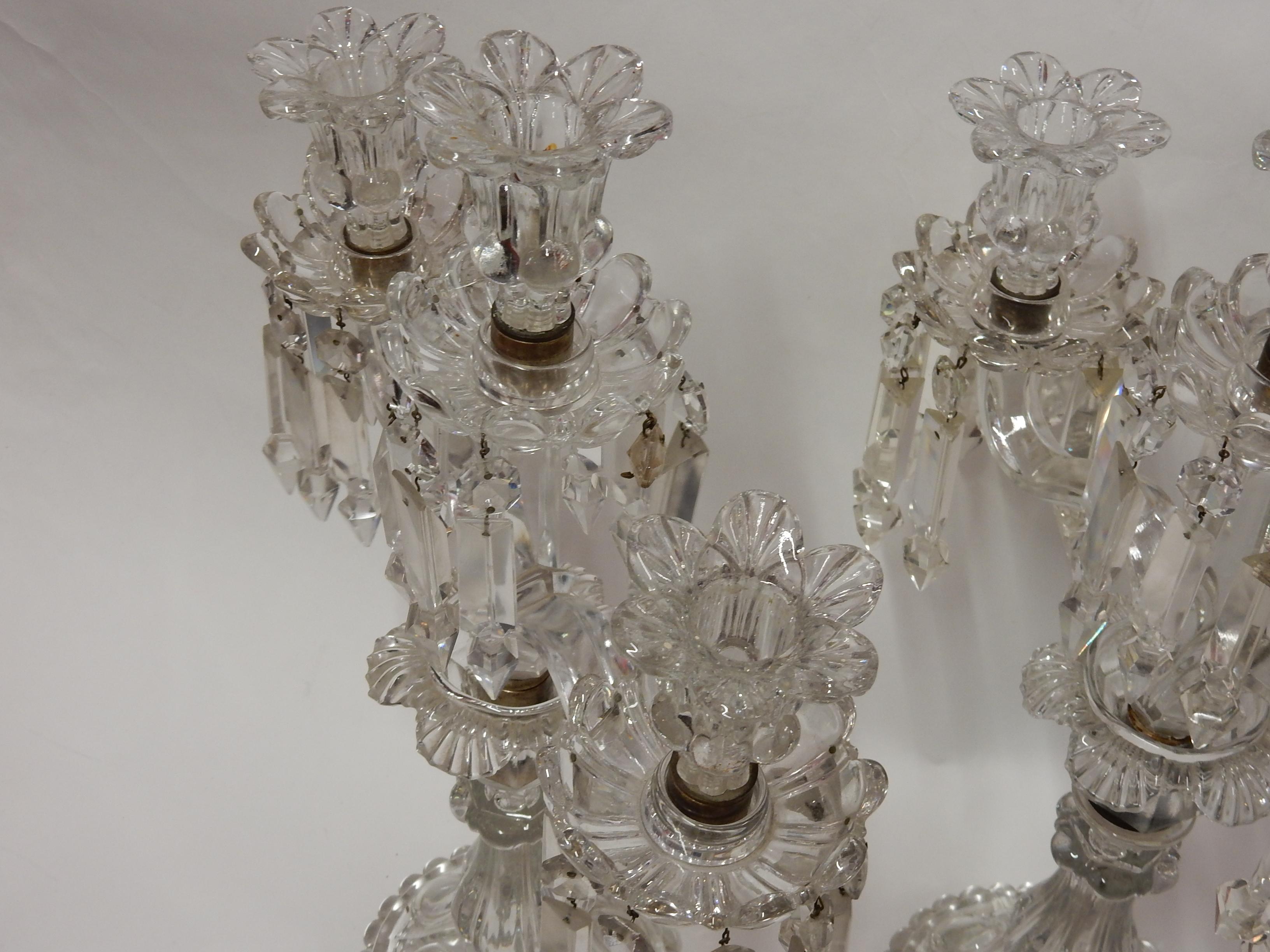 1950 Serie 4 Candlesticks Baccarat Signed with 2 Arms Pearl Socks, Cut Prims For Sale 3