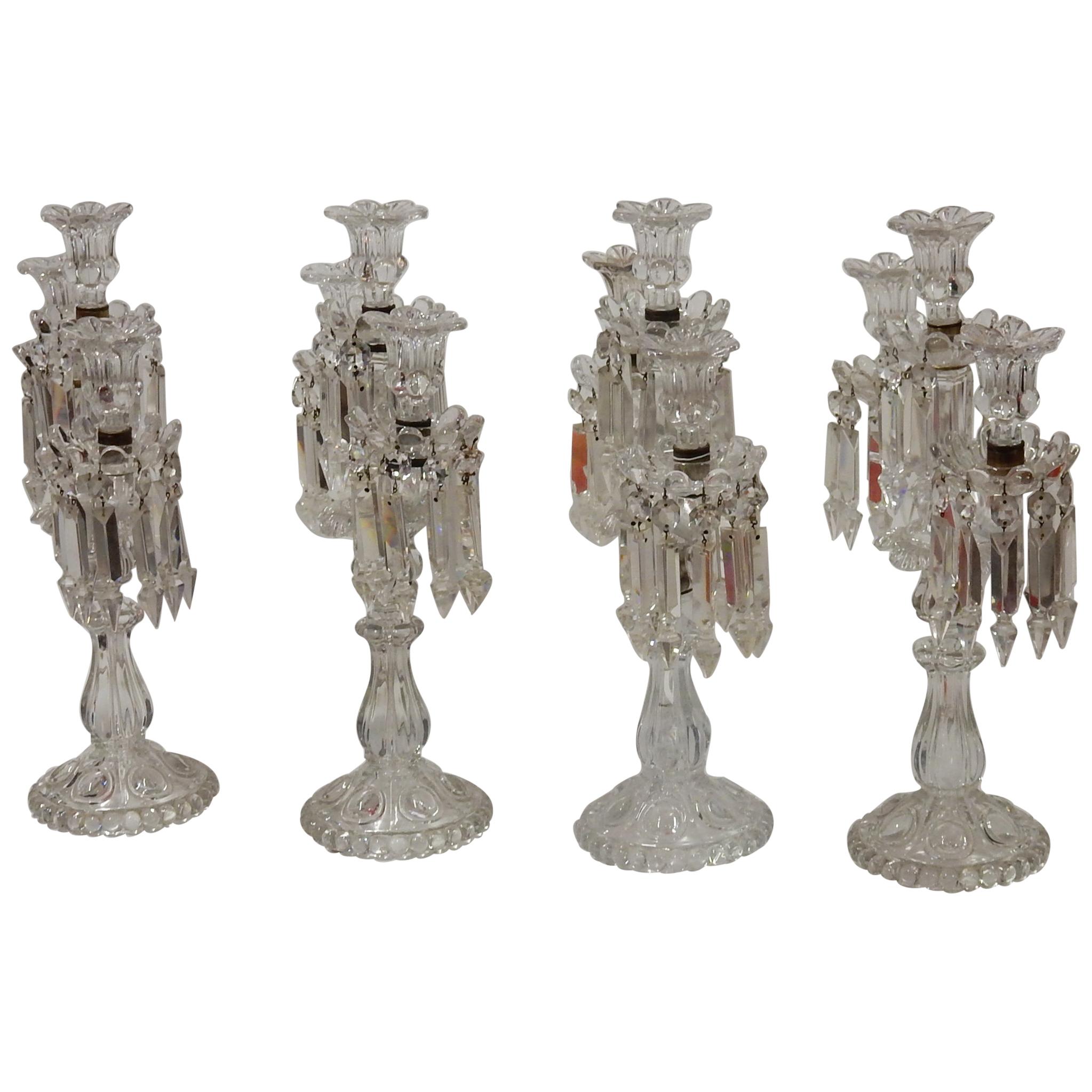 1950 Serie 4 Candlesticks Baccarat Signed with 2 Arms Pearl Socks, Cut Prims For Sale
