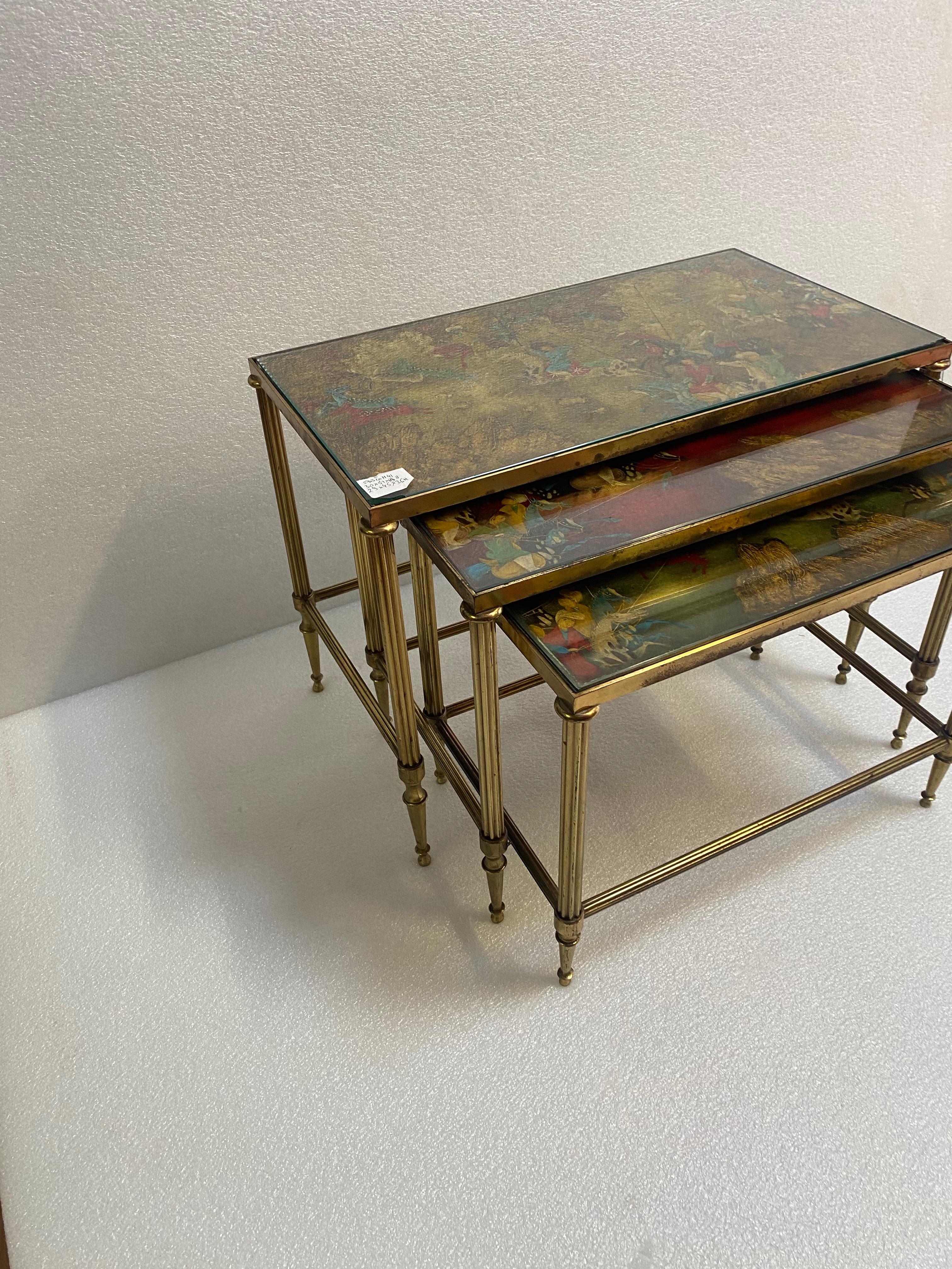 1950′ Series of 3 Nesting Tables with Mongol Warrior Paintings Maison Baguès For Sale 2
