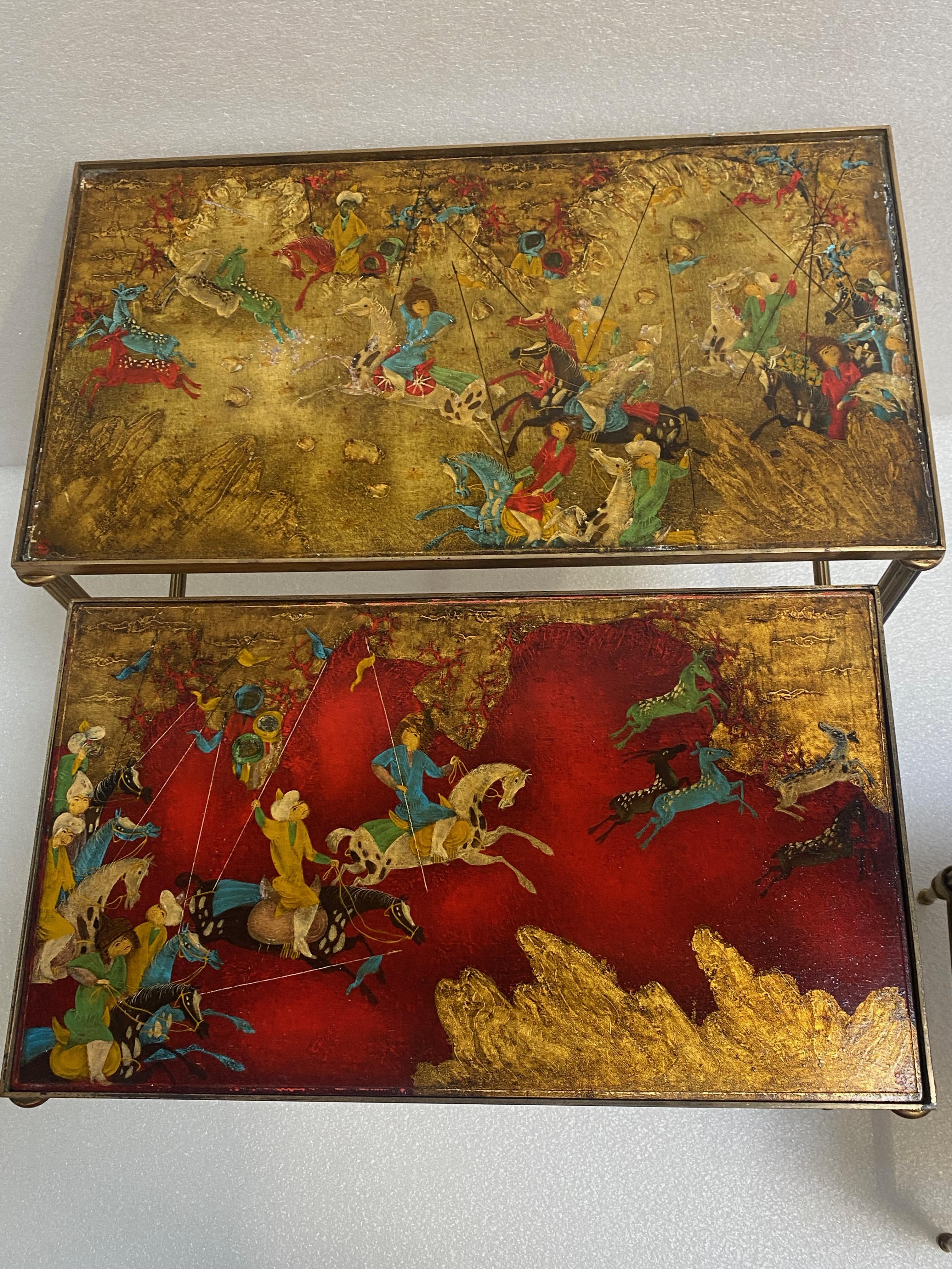 Series of 3 bronze nesting tables with fluted uprights
Trays decorated with paintings and gilding about Mongol warriors
57 X 31 X H 41 cm
51 X 30 X H 38 cm
45 X 29 X H 36 cm
condition of use
circa 1950.