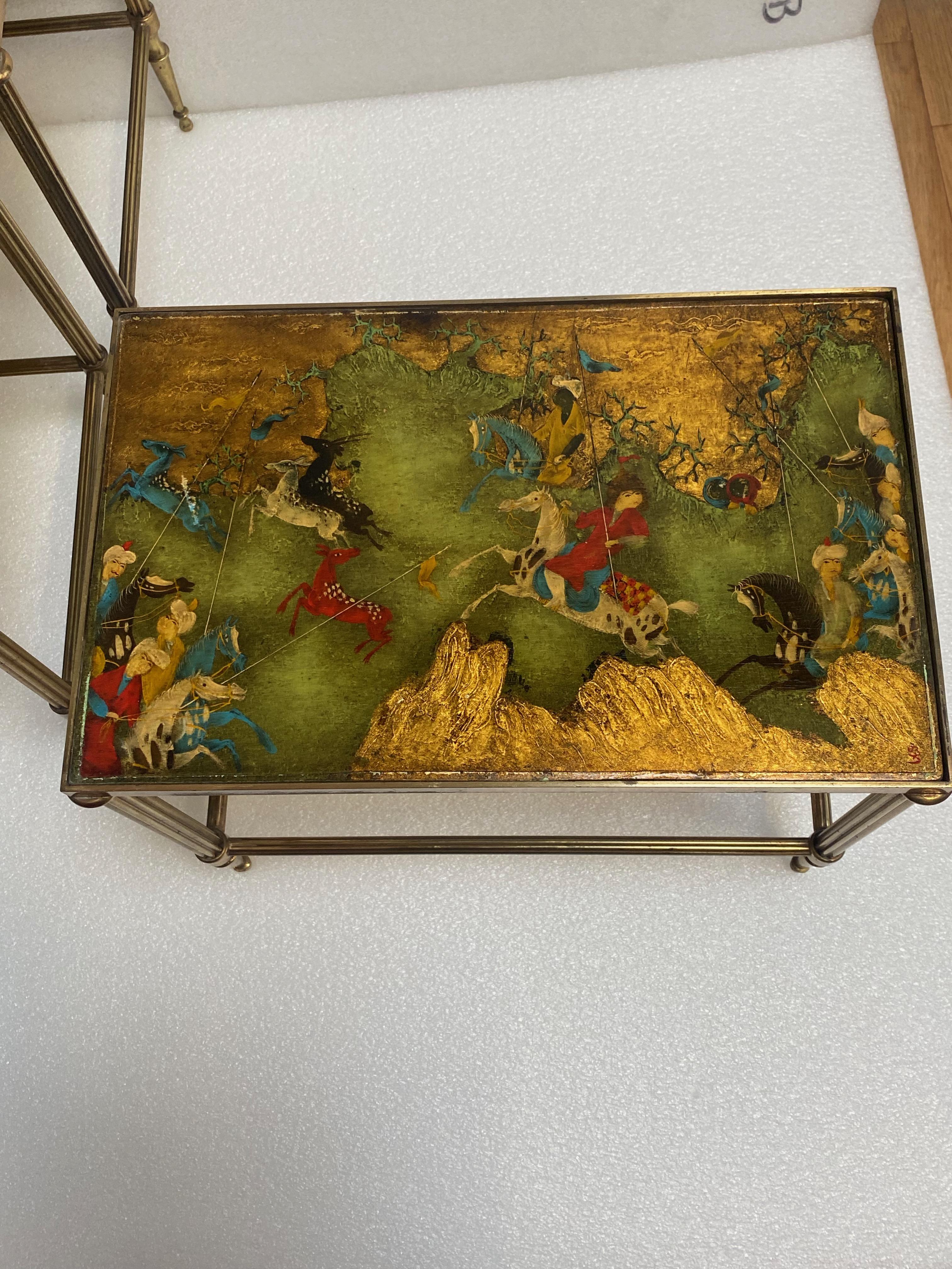 Neoclassical 1950′ Series of 3 Nesting Tables with Mongol Warrior Paintings Maison Baguès For Sale