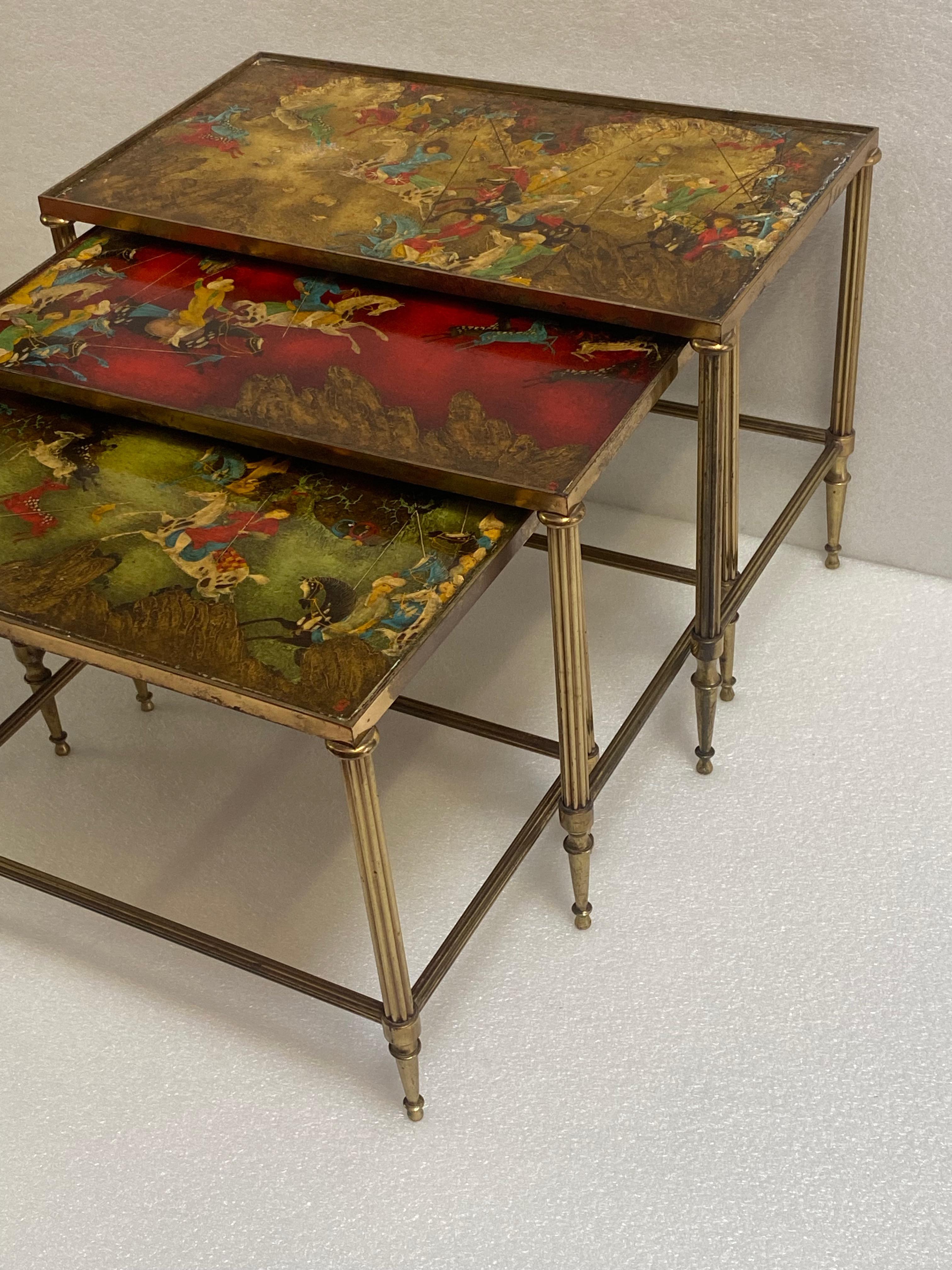 1950′ Series of 3 Nesting Tables with Mongol Warrior Paintings Maison Baguès In Good Condition For Sale In Paris, FR