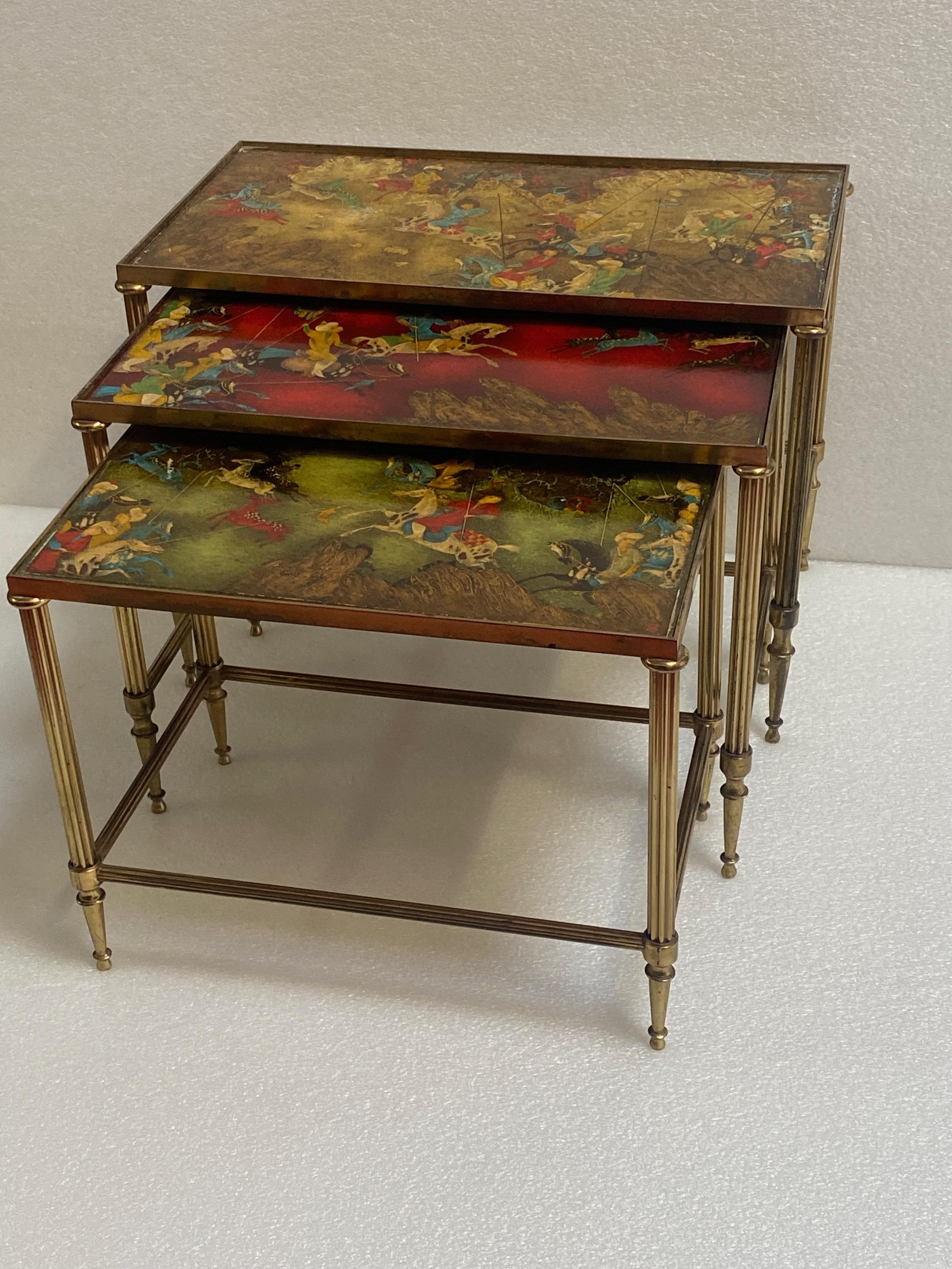 Mid-20th Century 1950′ Series of 3 Nesting Tables with Mongol Warrior Paintings Maison Baguès For Sale