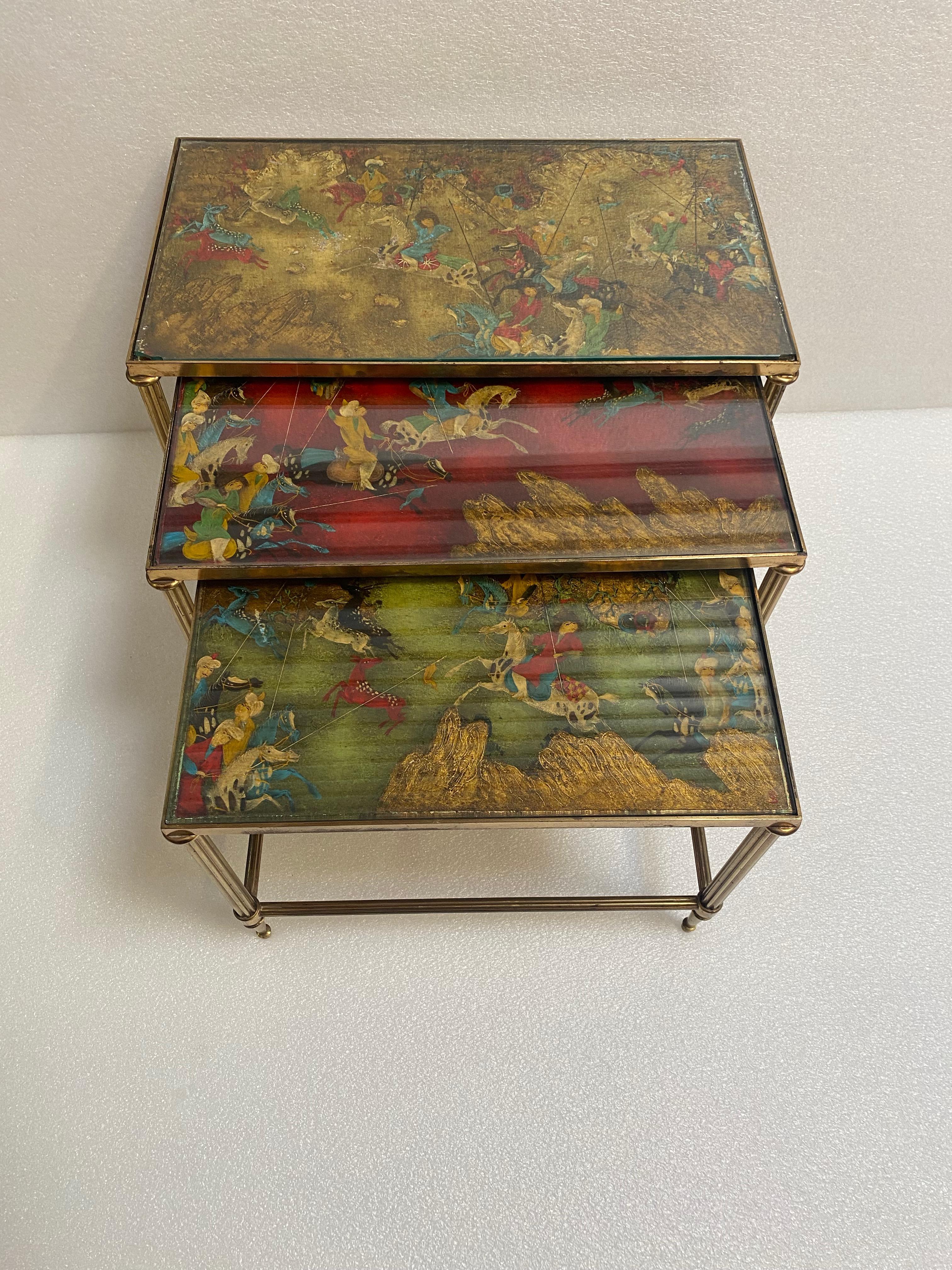 Bronze 1950′ Series of 3 Nesting Tables with Mongol Warrior Paintings Maison Baguès For Sale