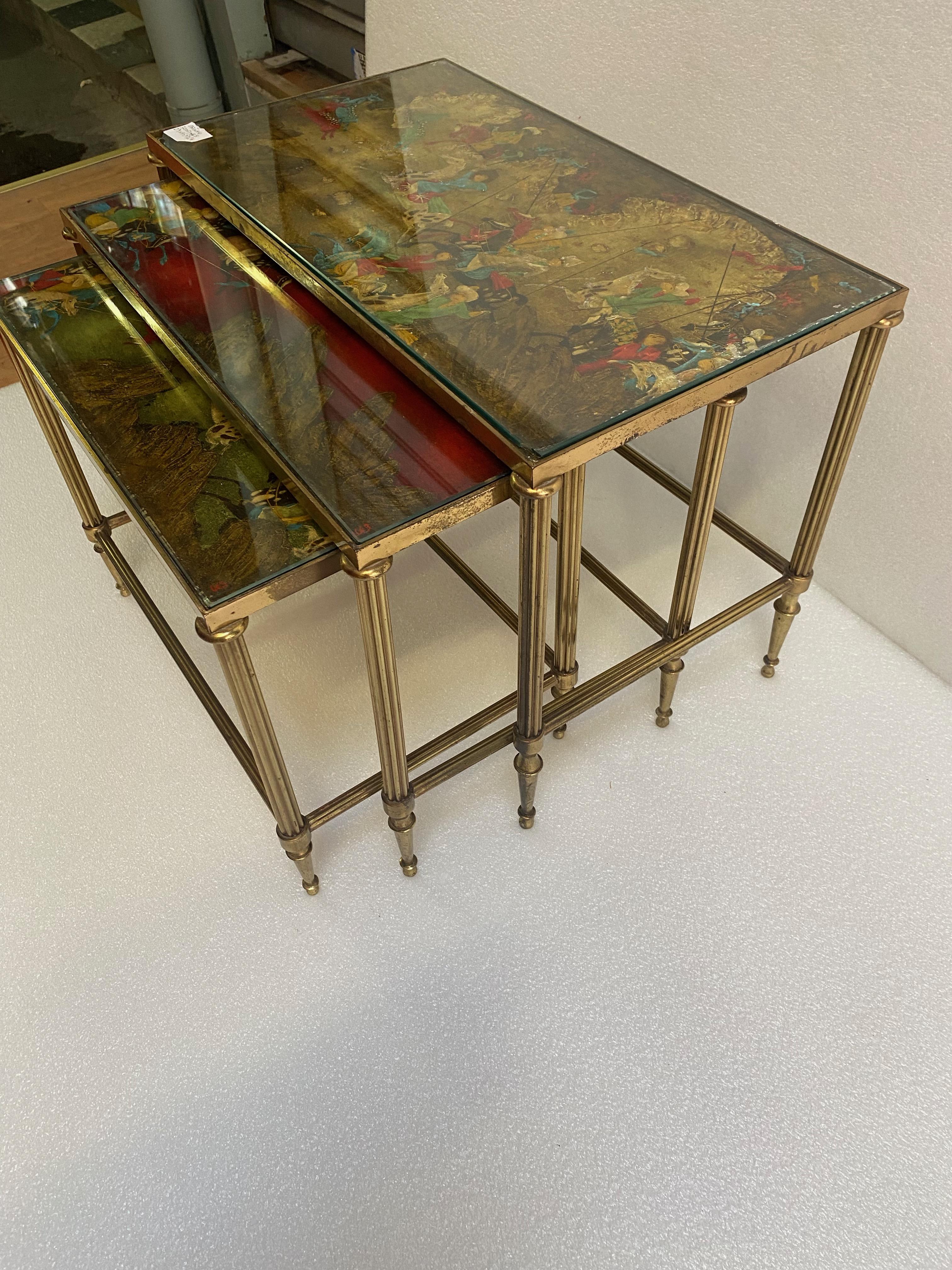 1950′ Series of 3 Nesting Tables with Mongol Warrior Paintings Maison Baguès For Sale 1