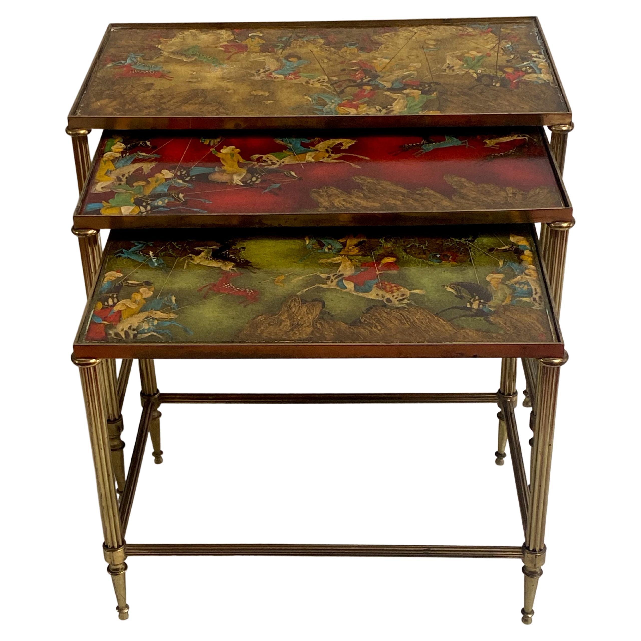 1950′ Series of 3 Nesting Tables with Mongol Warrior Paintings Maison Baguès