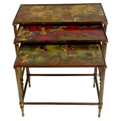 1950′ Series of 3 Nesting Tables with Mongol Warrior Paintings Maison Baguès