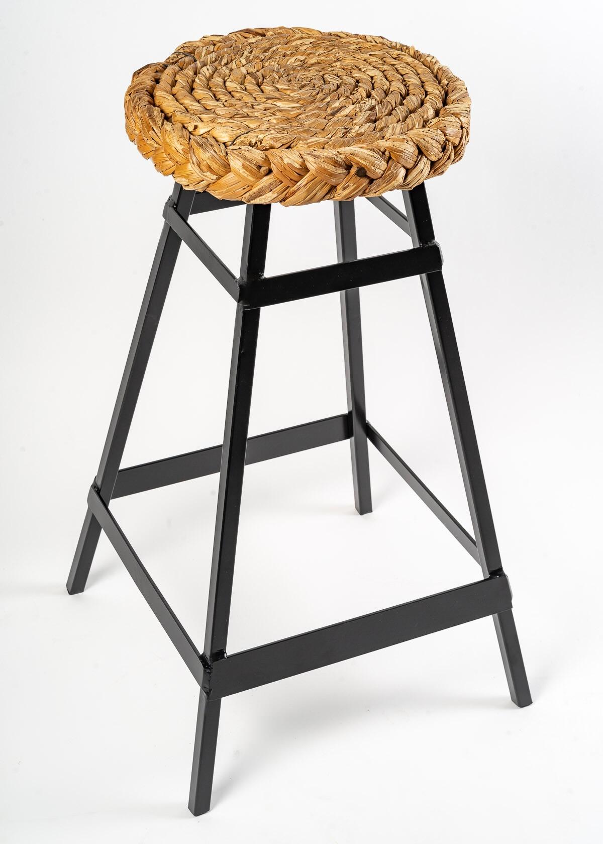1950 Series of 4 Stools in Wrought Iron and Woven Rattan by Audoux Minet In Good Condition In Saint-Ouen, FR