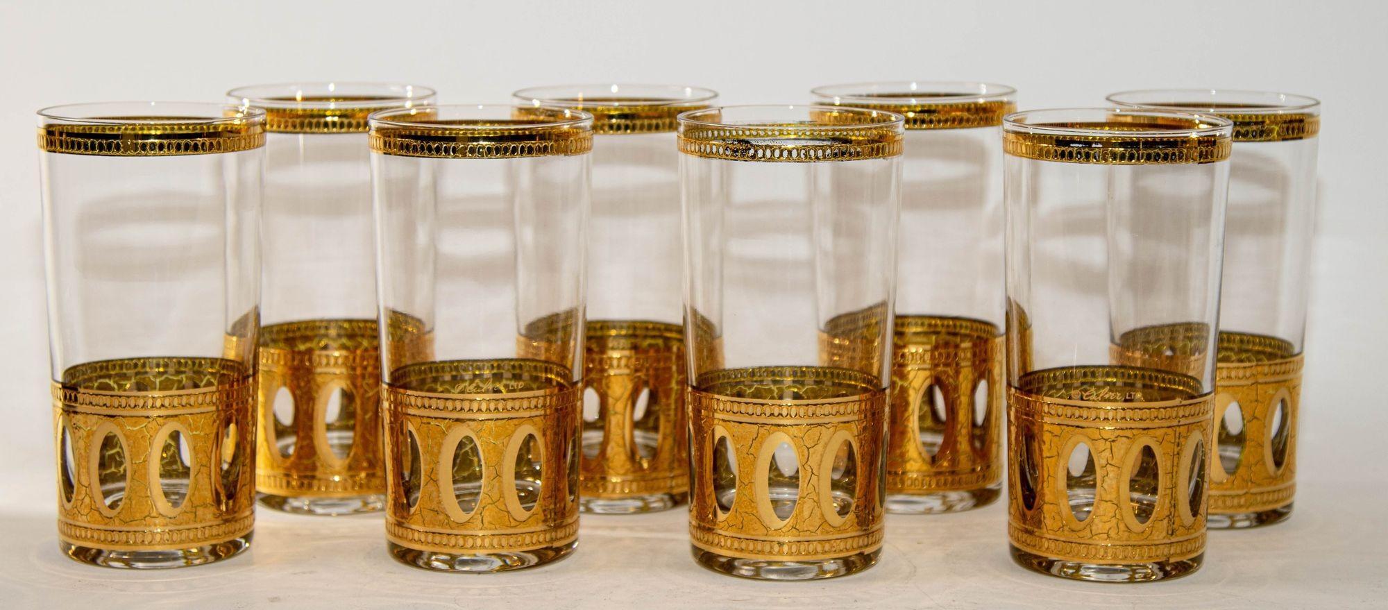 Appliqué 1950 Set of 8 Vintage Culver Ltd Antigua Highball Glasses 22 K Gold in Cart For Sale