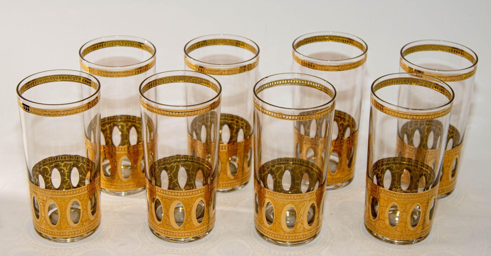 20ième siècle Ensemble de 8 verres longs vintage Culver Ltd Antigua en or 22 carats avec chariot, 1950 en vente