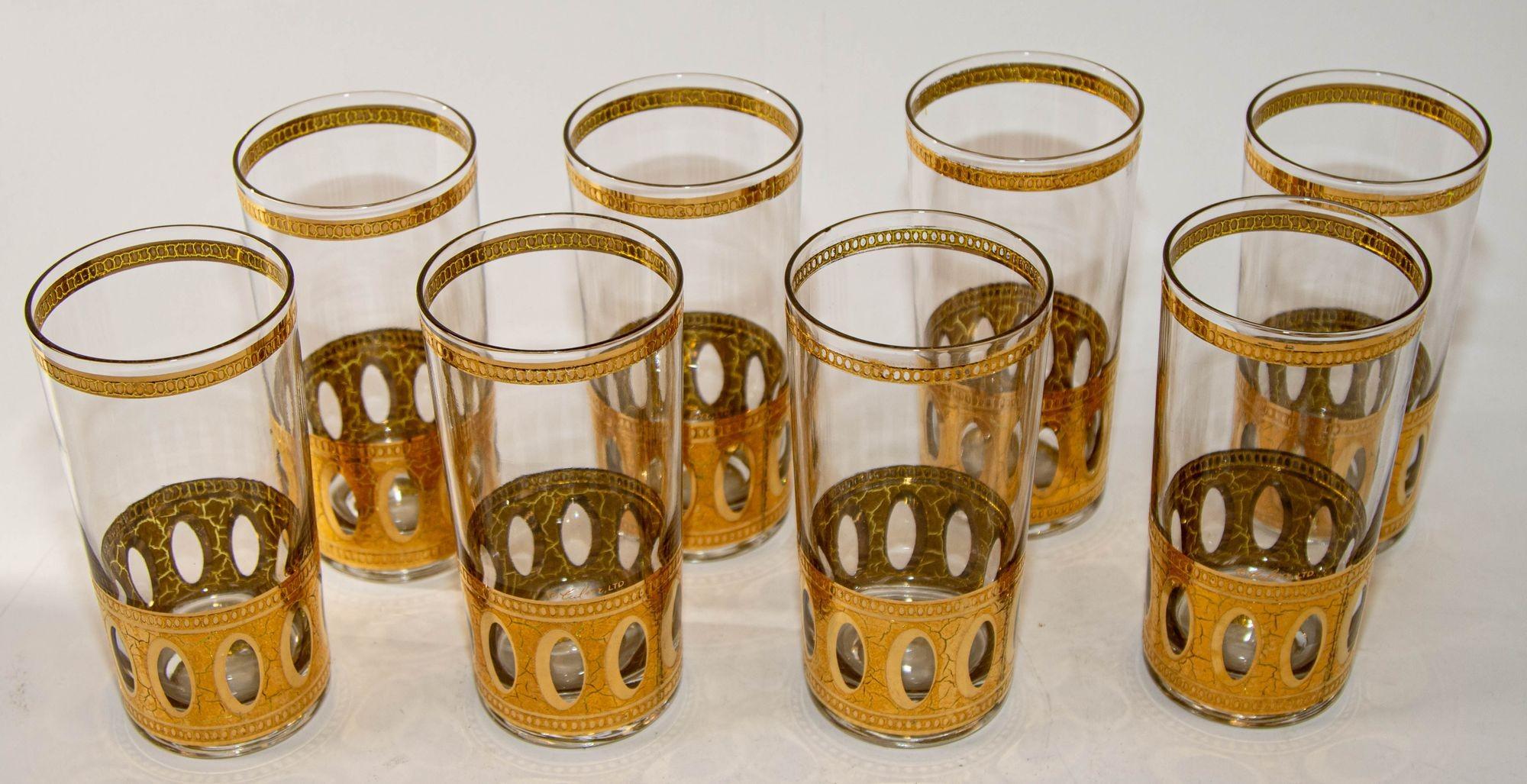 Art Glass 1950 Set of 8 Vintage Culver Ltd Antigua Highball Glasses 22 K Gold in Cart For Sale