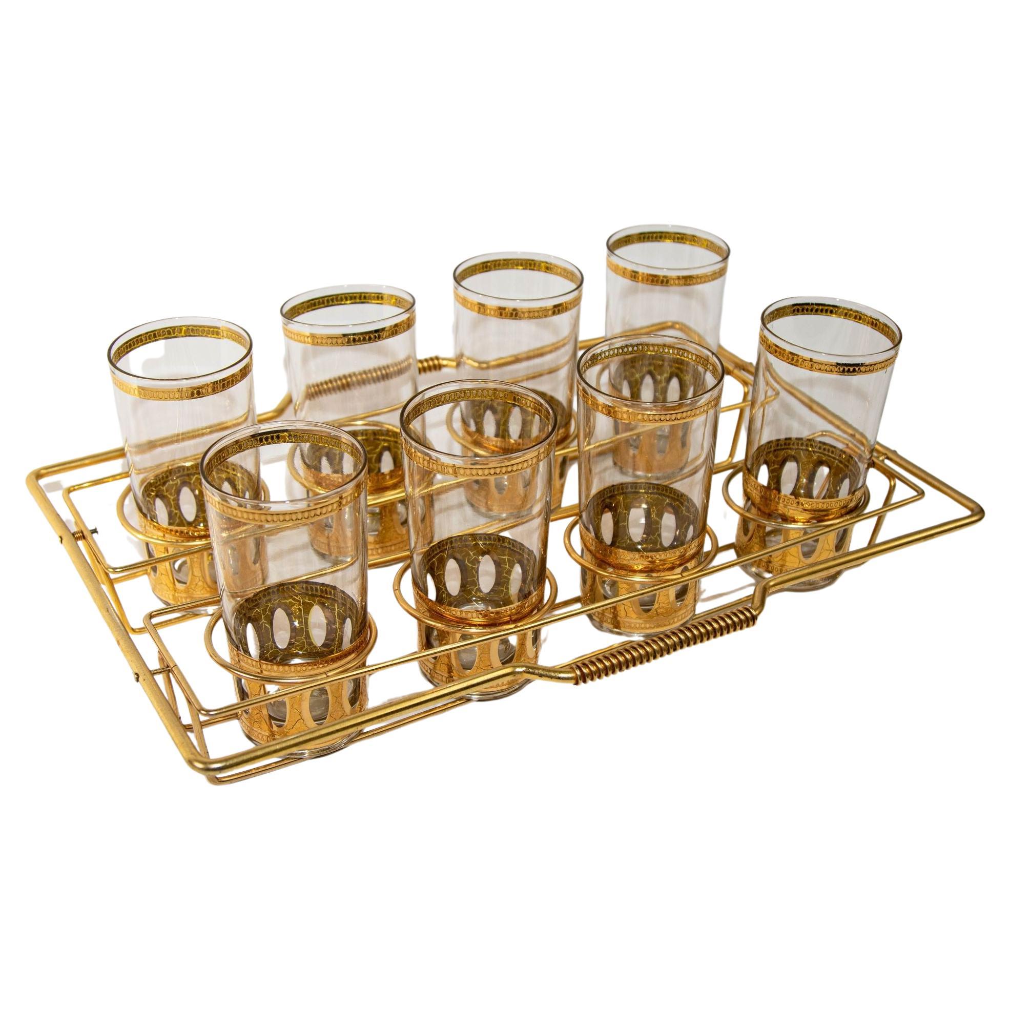 Golden Foliage Leaf Highball Glasses Set of 8 and Ice Bucket by Libby Glass  For Sale at 1stDibs