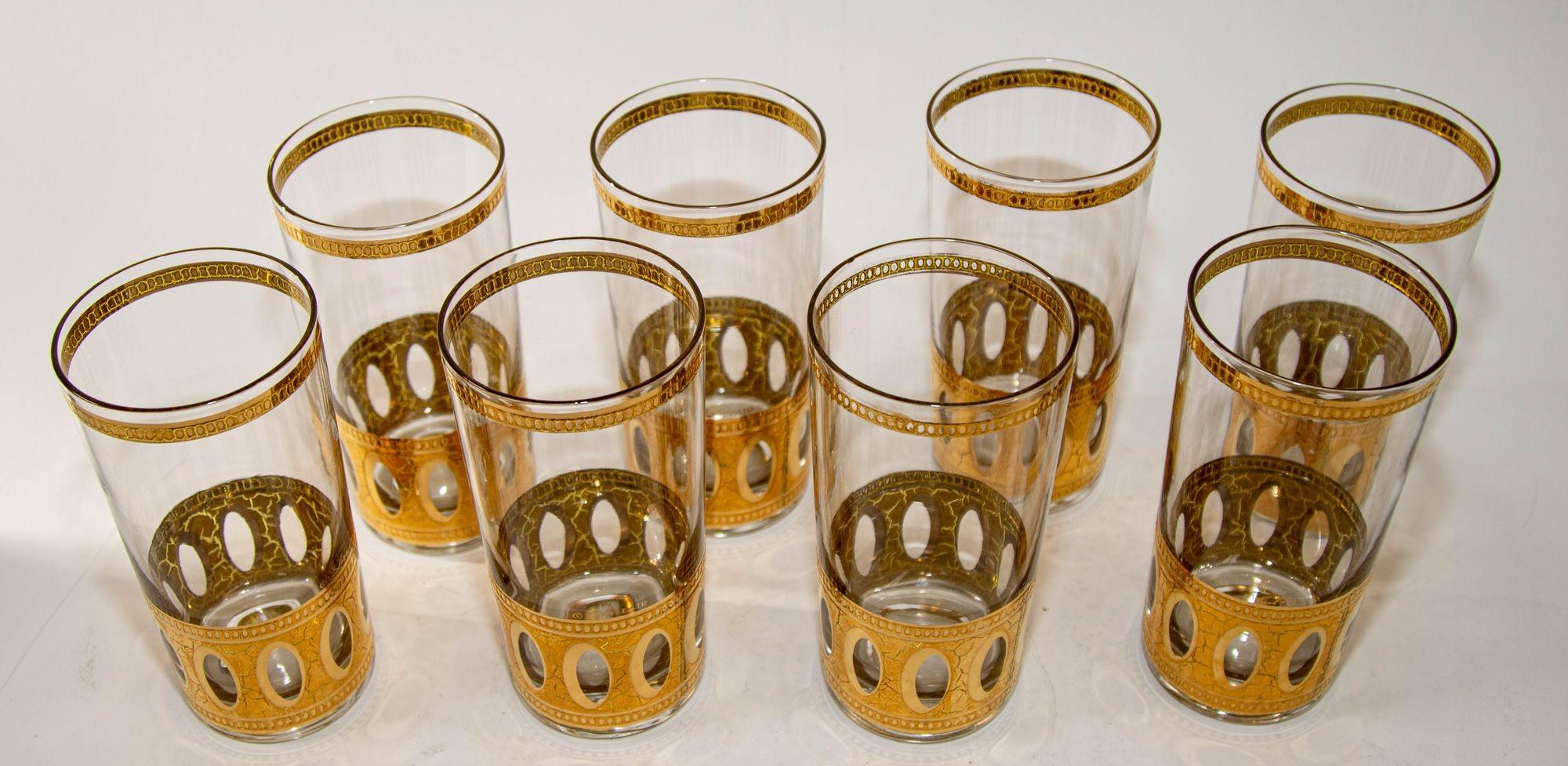 Appliqué Ensemble de 8 verres longs vintage Culver Ltd en or 22 carats Antigua, 1950 en vente