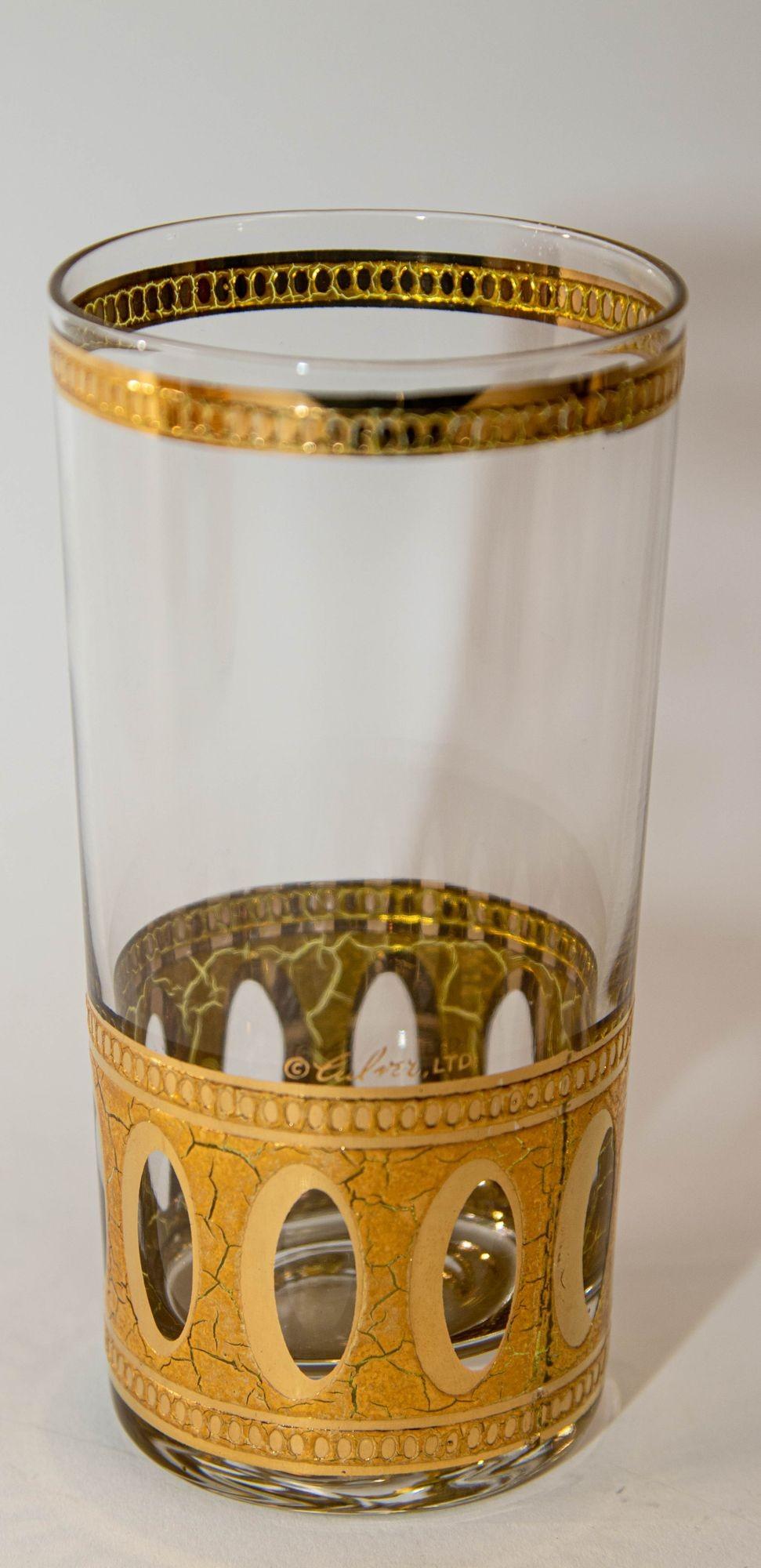 Art Glass 1950 Set of 8 Vintage Culver Ltd Highball Glasses with 22-Karat Gold Antigua For Sale