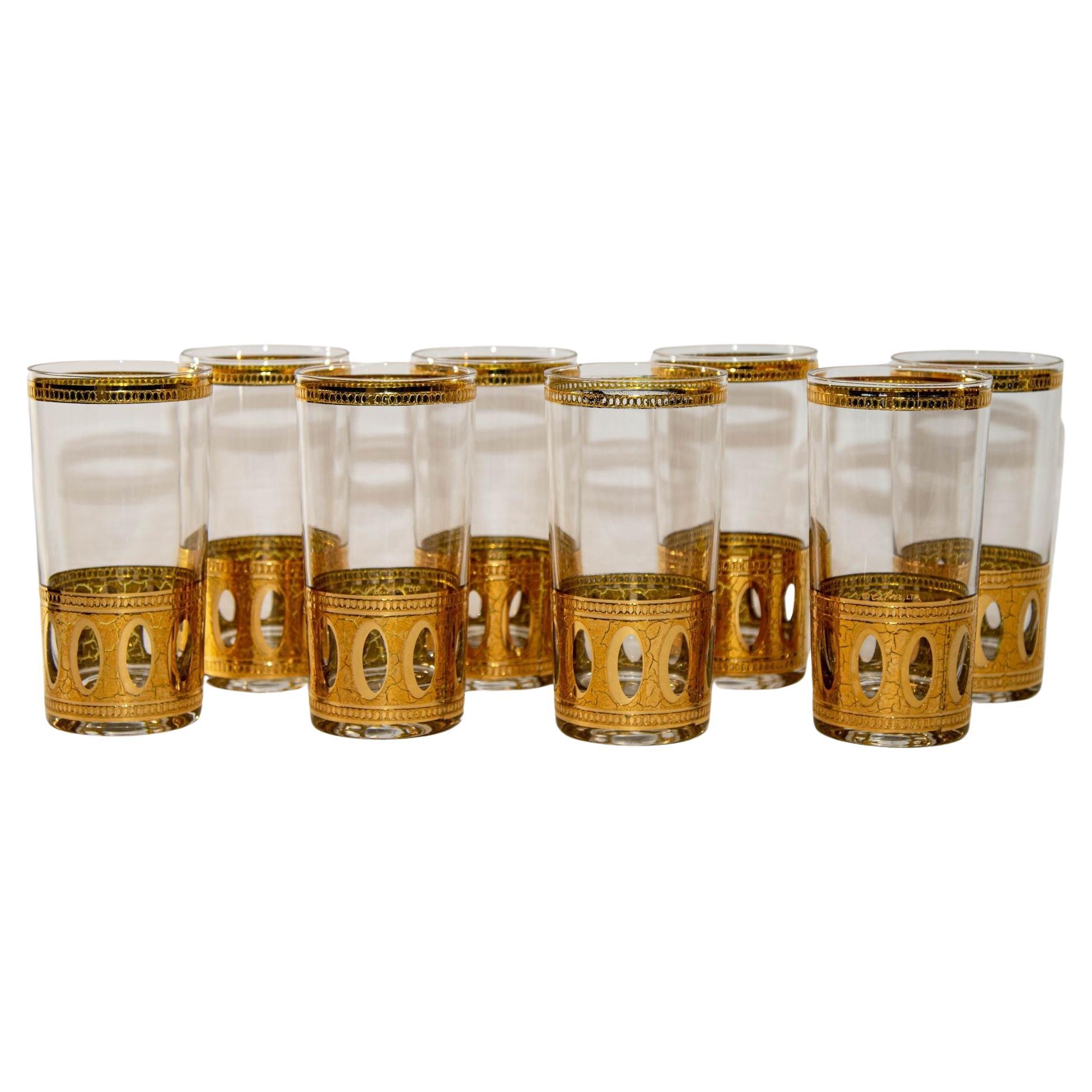 1950 Set of 8 Vintage Culver Ltd Highball Glasses with 22-Karat Gold Antigua For Sale