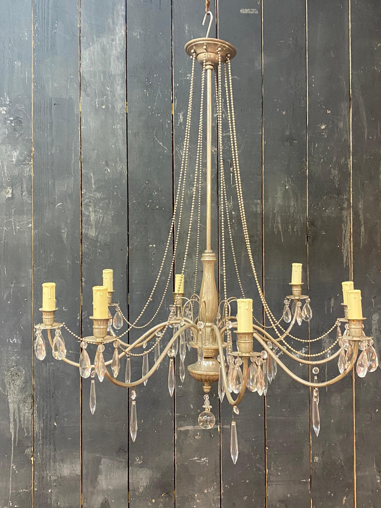 1950 Silver Metal Chandelier in the Style of Maison Jansen, in Good Condition In Good Condition For Sale In Saint-Ouen, FR