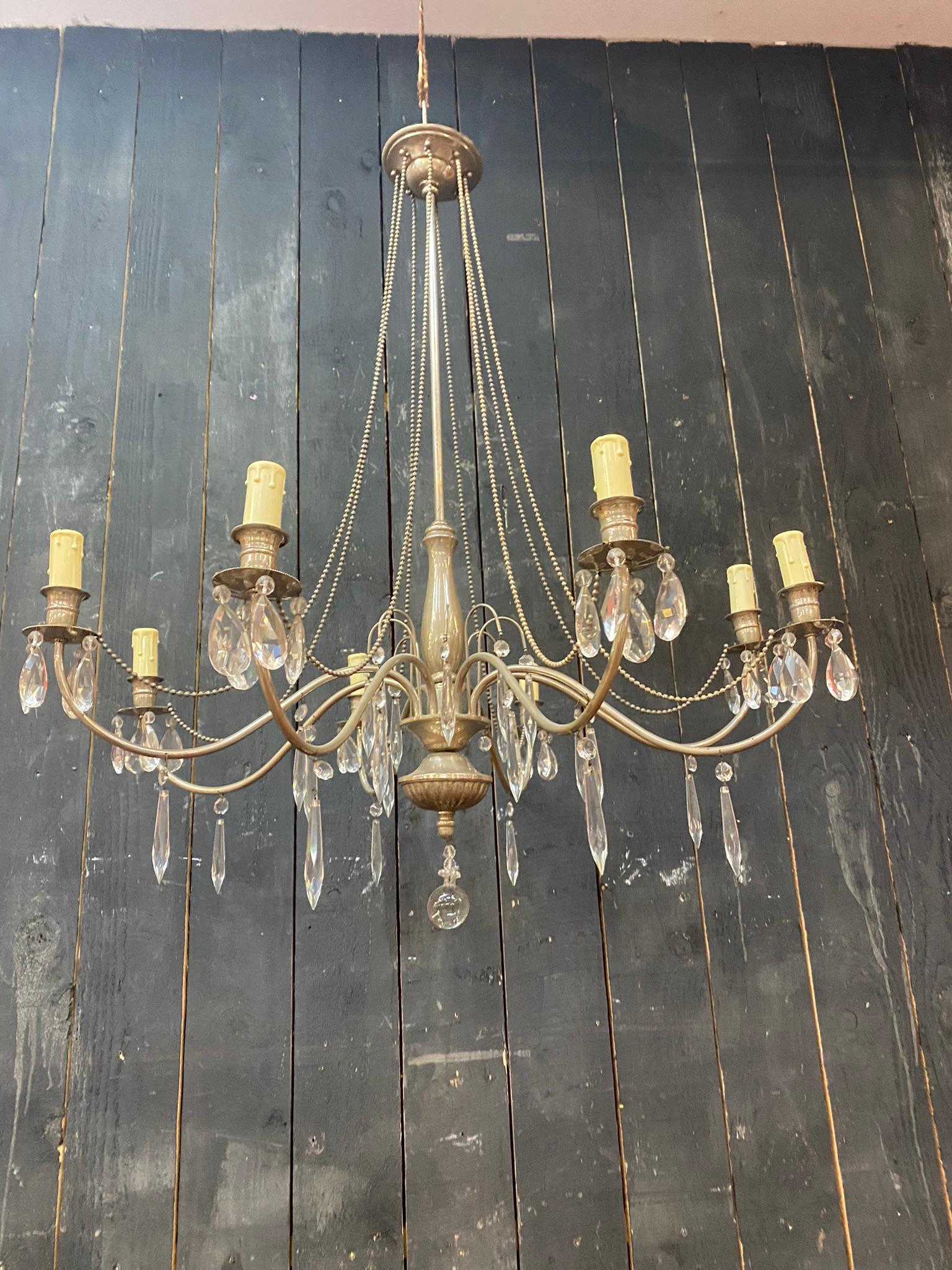 Silver Plate 1950 Silver Metal Chandelier in the Style of Maison Jansen, in Good Condition For Sale