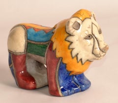 1950 South African Handmade Colorful RAKU Ceramic Lion Animal Sculpture Folk Art