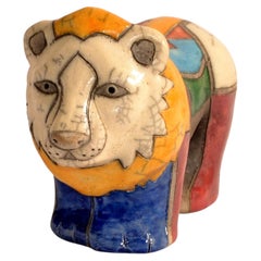 1950 South African Handmade Colorful RAKU Ceramic Lion Animal Sculpture Folk Art