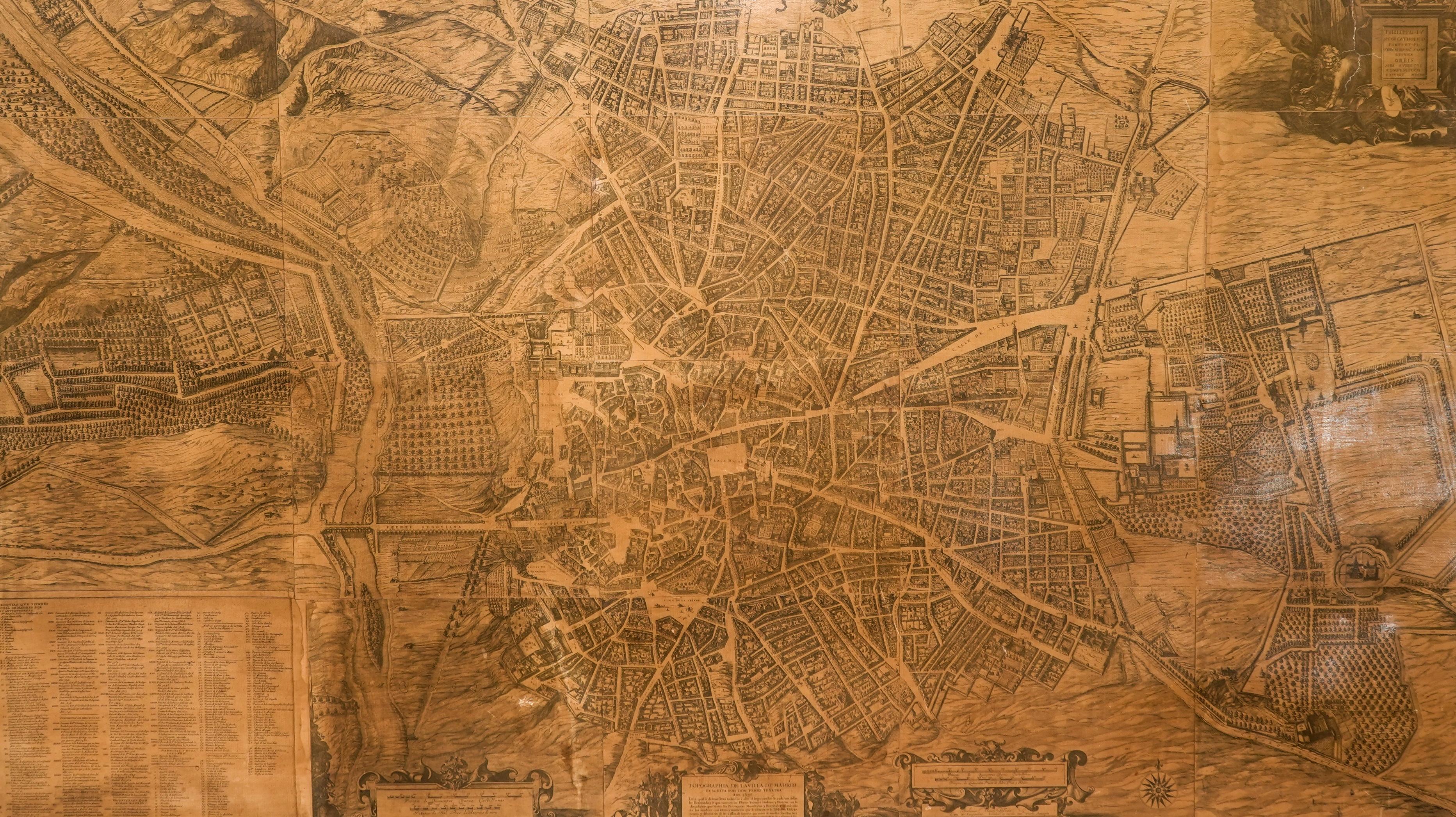 Baroque 1950 Spanish Cartographic Copy of Pedro Texeira Map of Madrid of 17th Century