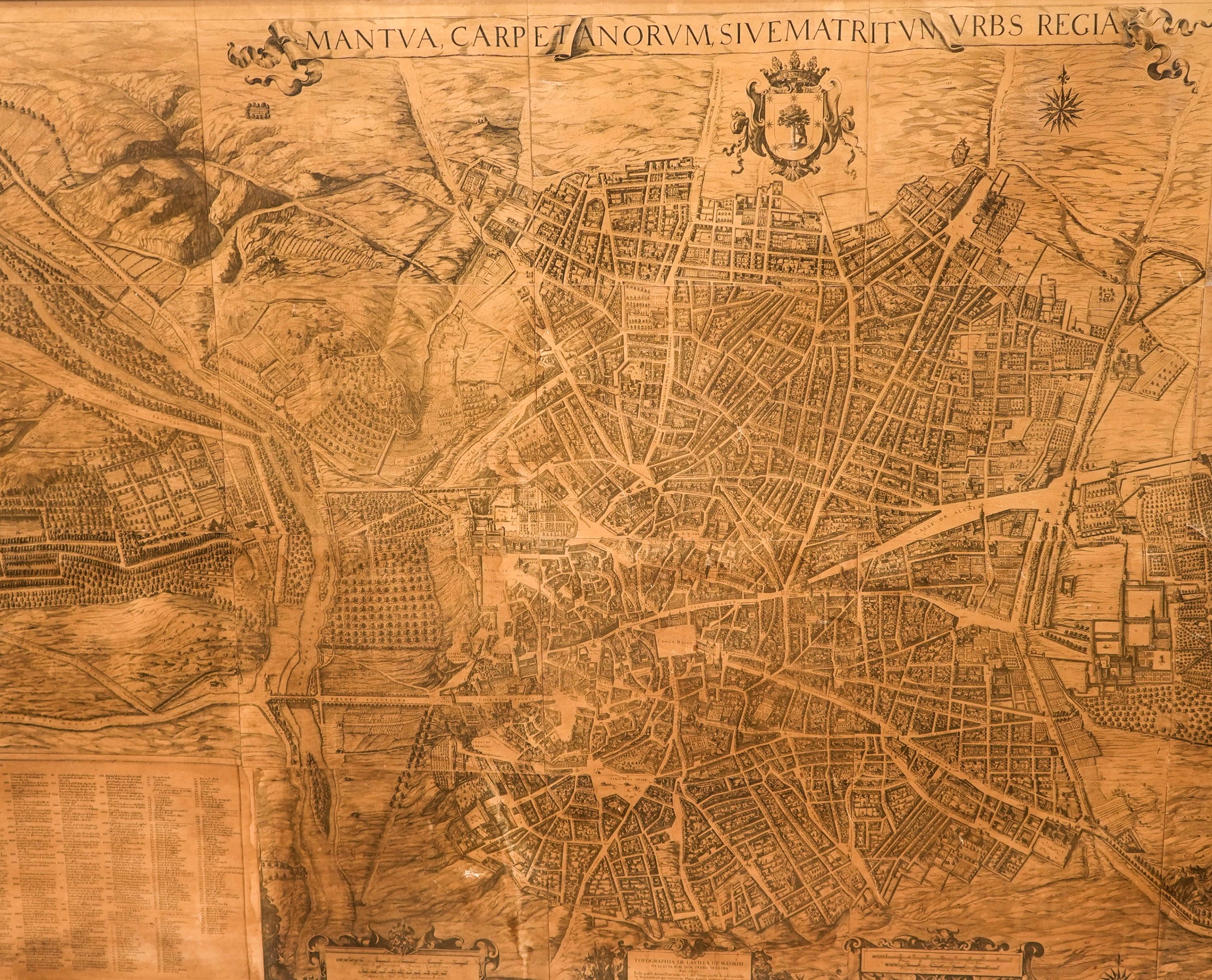 Engraved 1950 Spanish Cartographic Copy of Pedro Texeira Map of Madrid of 17th Century