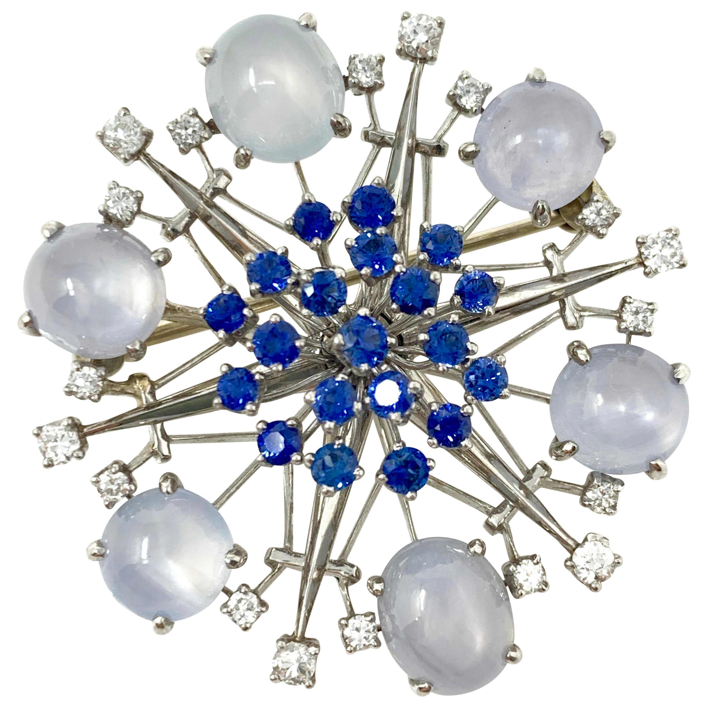 1950 Star Sapphire, Blue Sapphire and Diamond Broach in Platinum