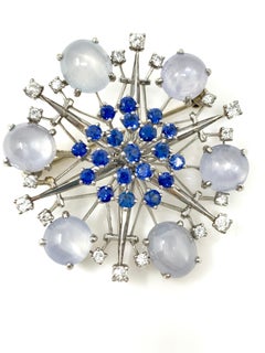 1950 Star Sapphire, Blue Sapphire and Diamond Broach in Platinum