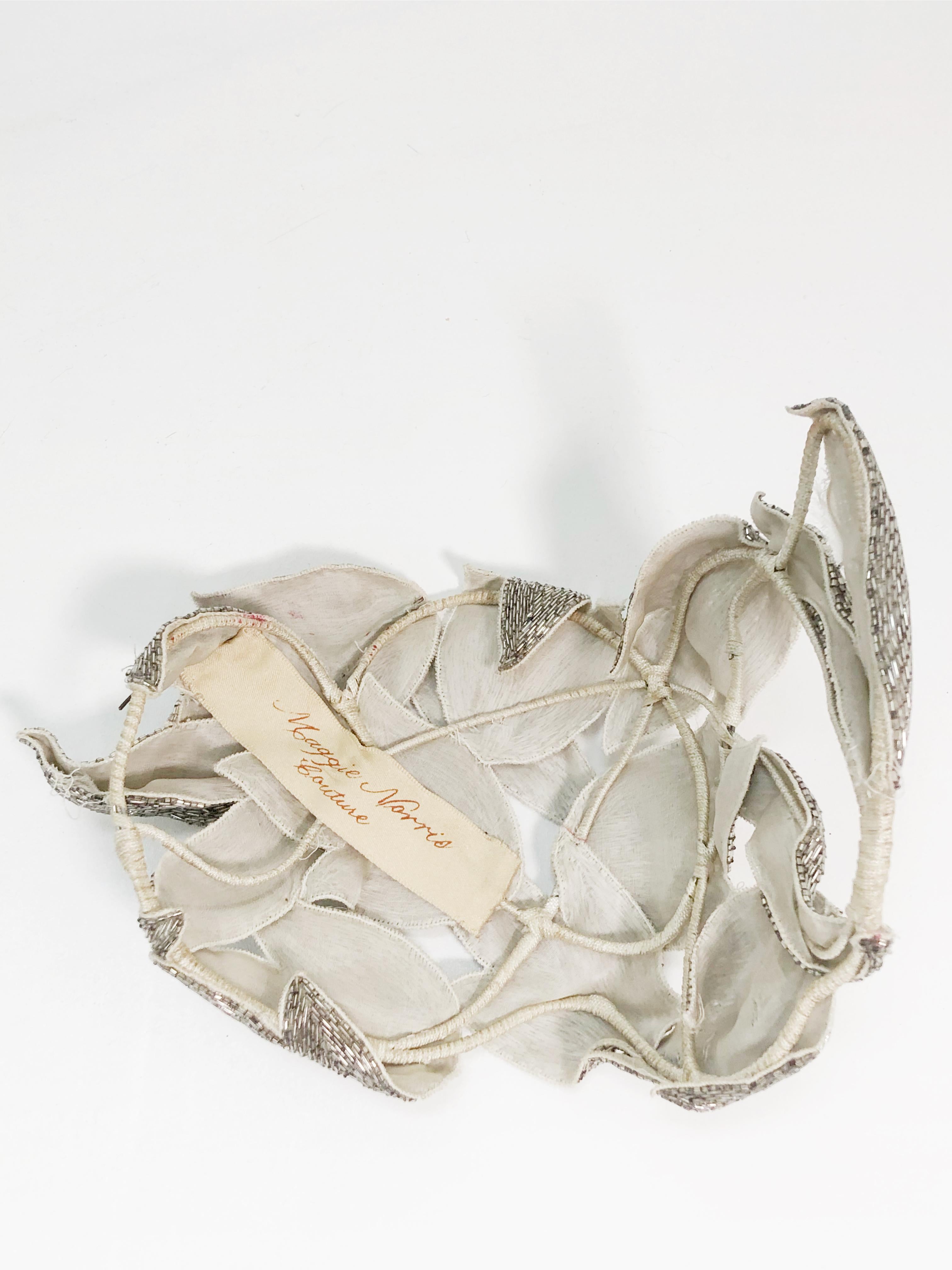1950 Style Silver Bugle Beaded Leafy Hat By Maggie Norris In Excellent Condition In Gresham, OR